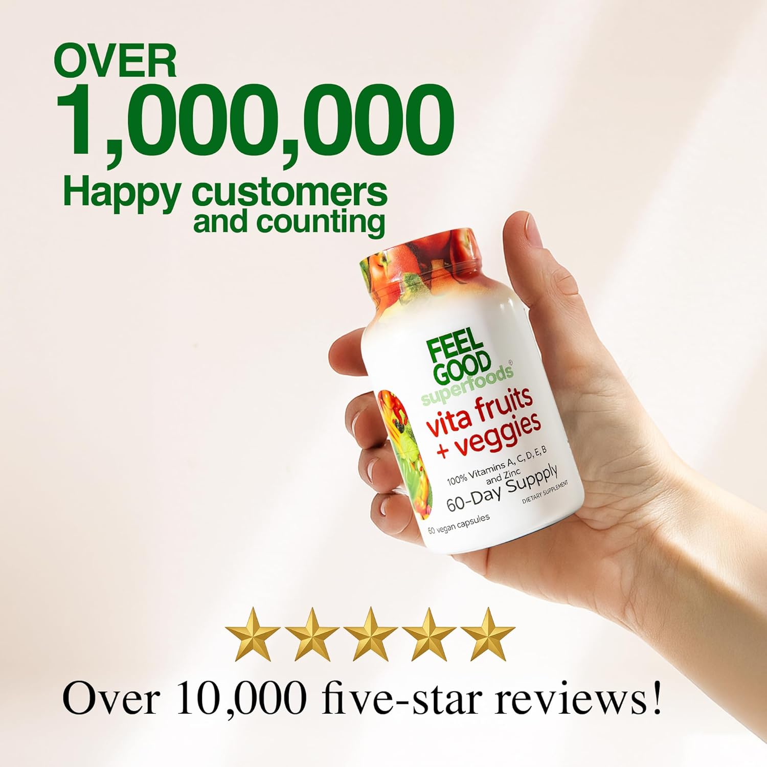 FeelGood Superfoods Vita Fruits and Veggies Capsules - 25 Superfood Ingredients, Fruit and Vegetable Multivitamin, 60 Count - for Men and Women - Vitamins A, C, D, E, B and Zinc - Image 10