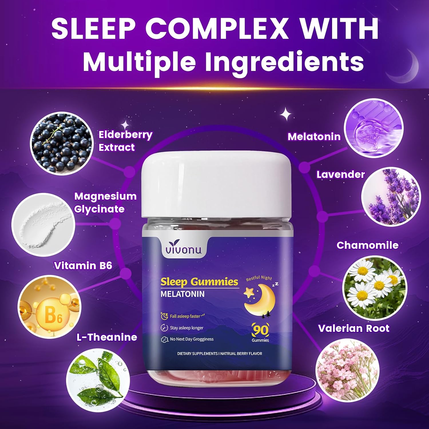 9-in-1 Melatonin Gummies 10mg, Natural Herbal Sleep Aids for Adults, Sleep Gummies with Magnesium Glycinate, Valerian Root, L-Theanine and Vitamin B6, etc, 45 days supply, Non GMO, Berry Flavored - Image 2