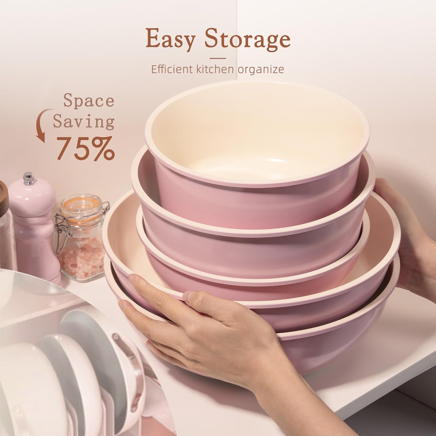 Astercook 21 Pcs Pots and Pans Non Stick Ceramic Cookware Set, Detachable Handles, RV Kitchen Cooking Set, Oven Safe, Induction Ready, Stackable, Pink - Image 6