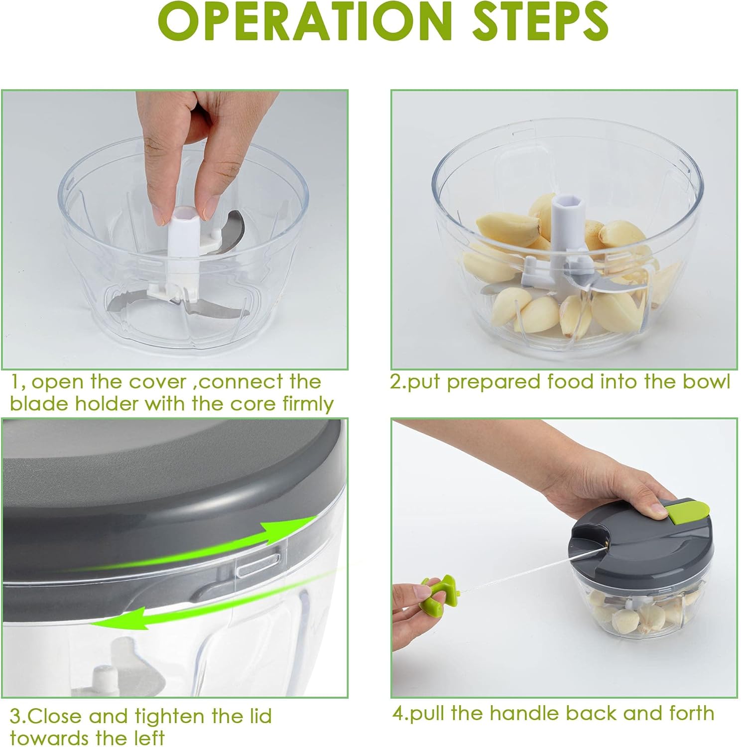 Multi-Function Manual Food Chopper & Processors with Handle and Cover,Vegetable Chopper Shredder,Garlic Press,Suitable for Onions Garlic Peppers Carrots Gingers Fruits,Ideal Gift for Kitchen(Green) - Image 5