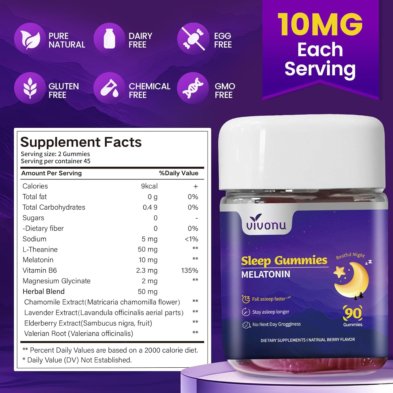 9-in-1 Melatonin Gummies 10mg, Natural Herbal Sleep Aids for Adults, Sleep Gummies with Magnesium Glycinate, Valerian Root, L-Theanine and Vitamin B6, etc, 45 days supply, Non GMO, Berry Flavored - Image 7
