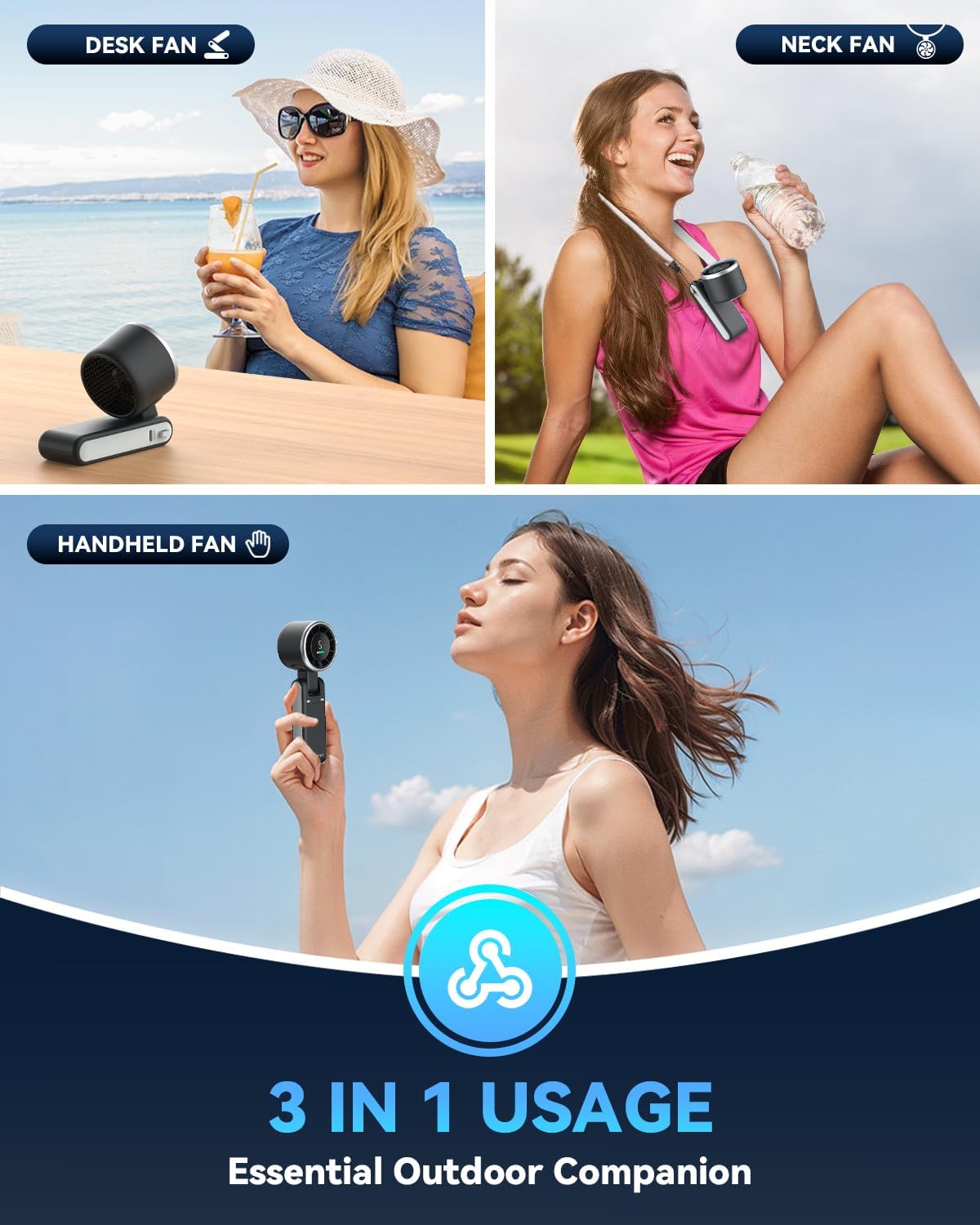 Portable Handheld Turbo Fan, 5 Gear Wind, Battery Operated, Up to 12 Working Hours, 3 IN 1 Hand Fans with Air Turbo Tech Cooling Fan for Outdoor Activities, Travel, Beach (Black) - Image 4