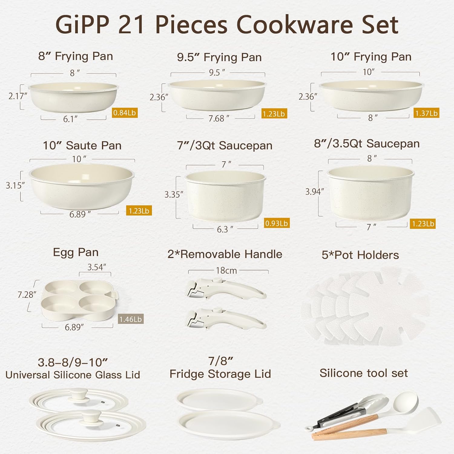 GiPP Ceramic Pots and Pans Set Non Stick, Nonstick Detachable Handle Cookware Sets, Healthy Non Toxic PFAS PFOA & PTFE Free, Dishwasher &Oven Safe, Induction Kitchen Pot and Pan, 21 Piece Cream - Image 2