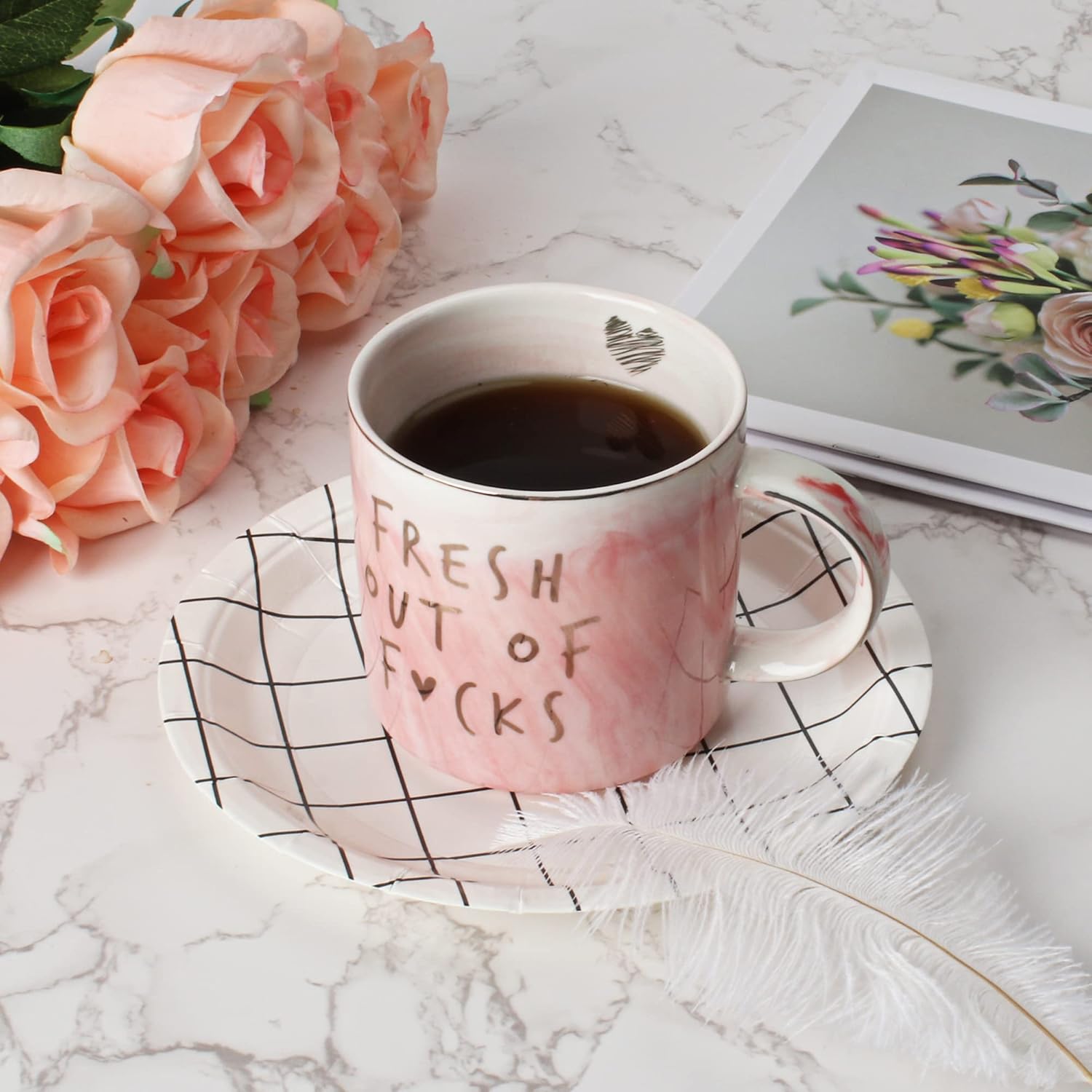 Funny Coffee Mugs Gifts for Women - Sarcastic Novelty Cups Gag Gift for Friends, Coworkers, Boss, Employee, Human Resources - Fresh Out Of - Inappropriate Cute Pink Marble Mug, 11.5oz Coffee Cup - Image 5
