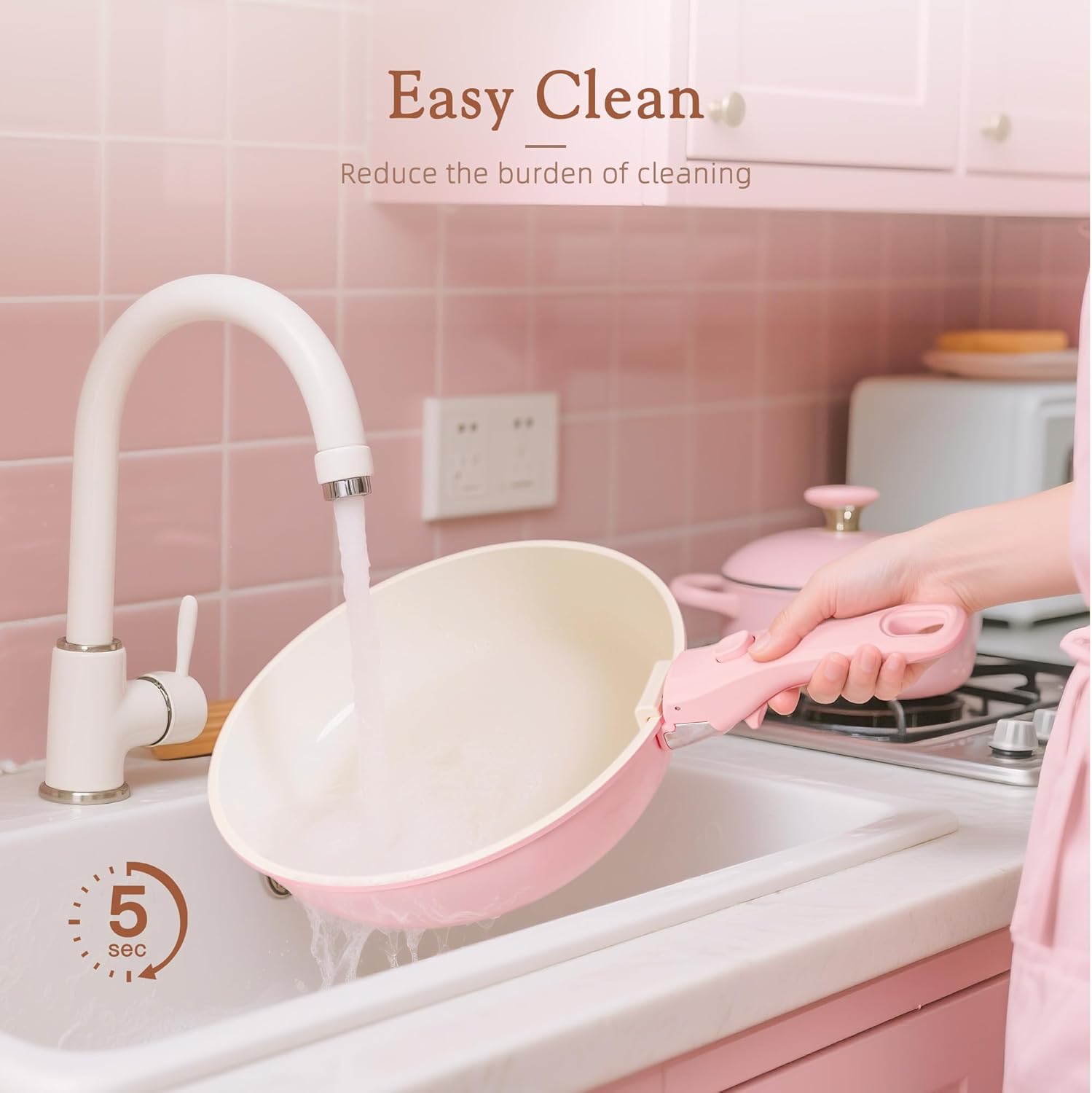 Astercook 21 Pcs Pots and Pans Non Stick Ceramic Cookware Set, Detachable Handles, RV Kitchen Cooking Set, Oven Safe, Induction Ready, Stackable, Pink - Image 8