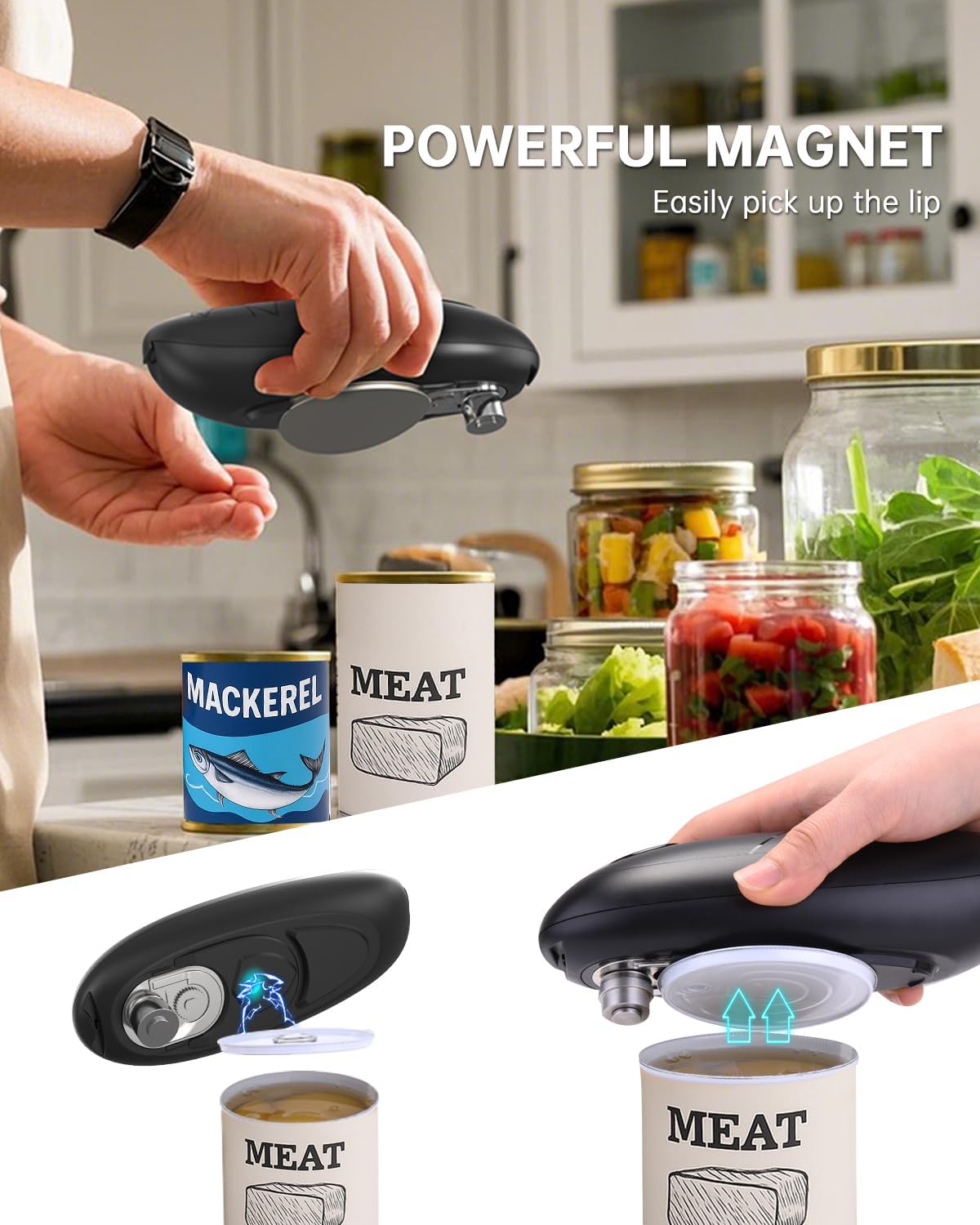 CIRCLE JOY Electric Can Opener, One-Touch Automatic Can Opening with Smooth Edges, Food Safety Handheld Battery-Operated Can Opener for Kitchen and Seniors, Black - Image 3