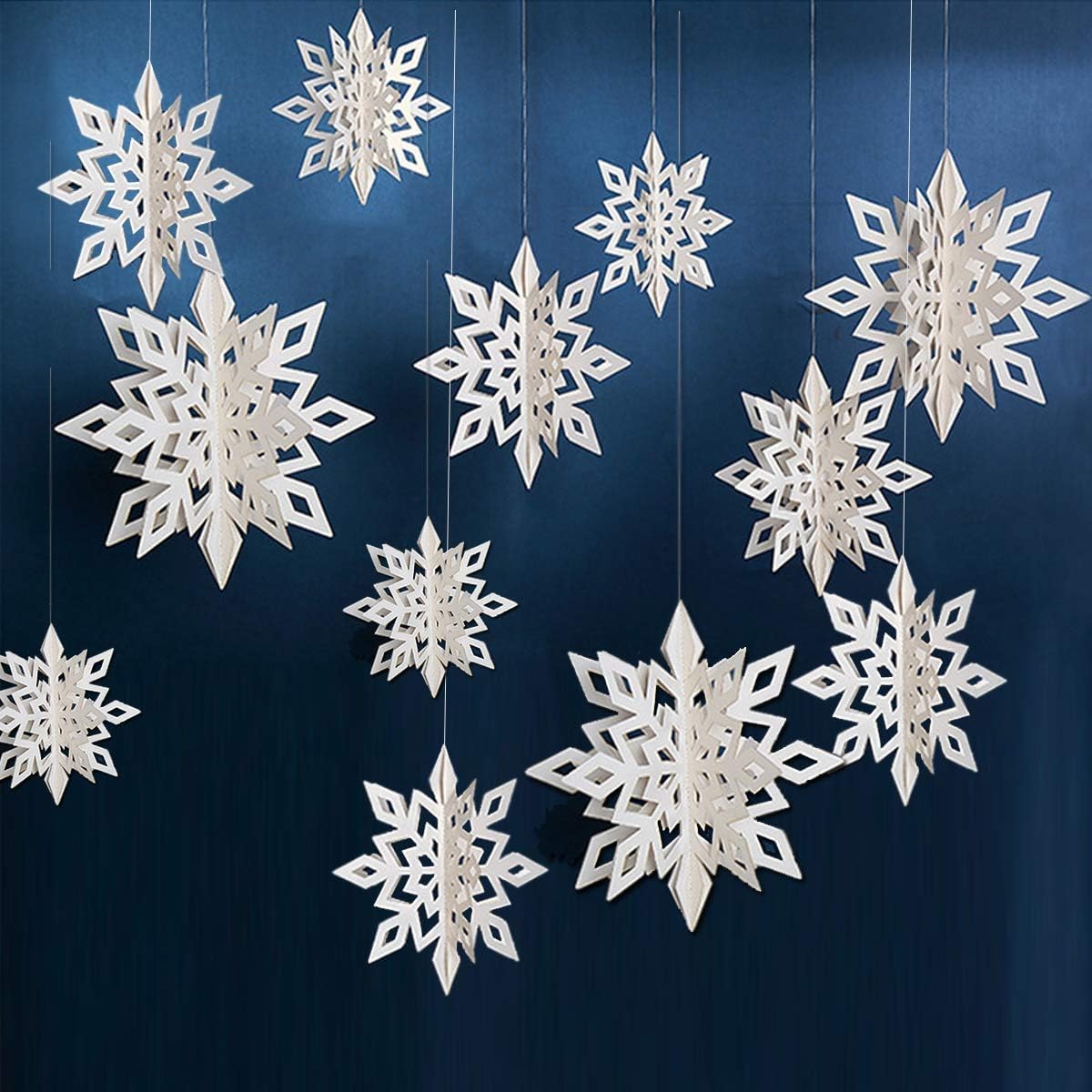 OuMuaMua Winter Christmas Hanging Snowflake Decorations, 12PCS Snowflakes Garland & 12PCS 3D Glittery Large White Snowflake for Christmas Winter Wonderland Holiday New Year Party Home Decorations - Image 4
