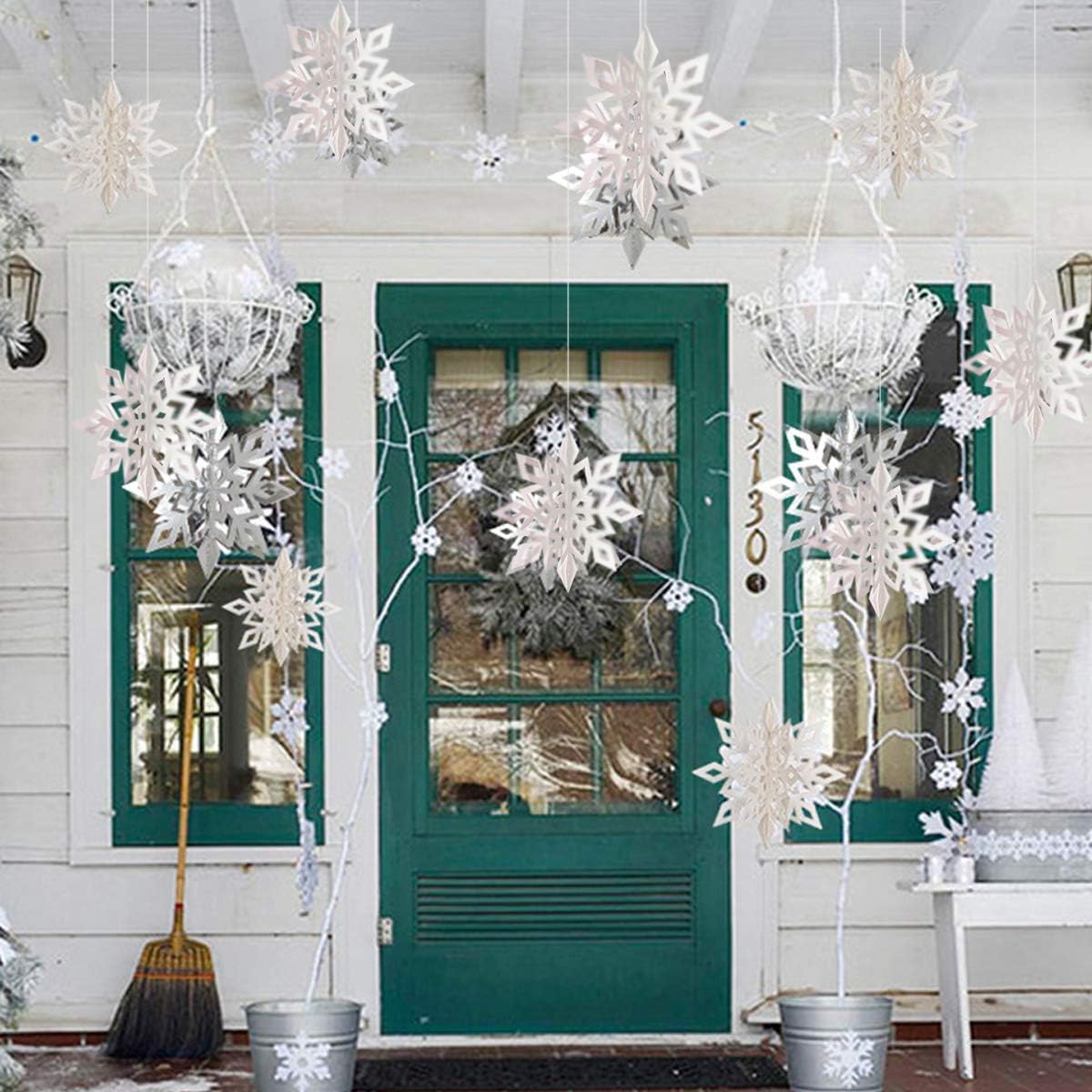 OuMuaMua Winter Christmas Hanging Snowflake Decorations, 12PCS Snowflakes Garland & 12PCS 3D Glittery Large White Snowflake for Christmas Winter Wonderland Holiday New Year Party Home Decorations - Image 7
