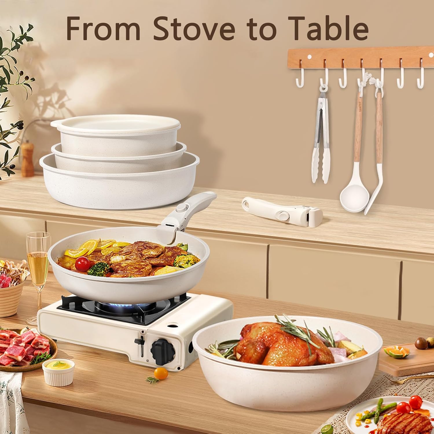 GiPP Ceramic Pots and Pans Set Non Stick, Nonstick Detachable Handle Cookware Sets, Healthy Non Toxic PFAS PFOA & PTFE Free, Dishwasher &Oven Safe, Induction Kitchen Pot and Pan, 21 Piece Cream - Image 8