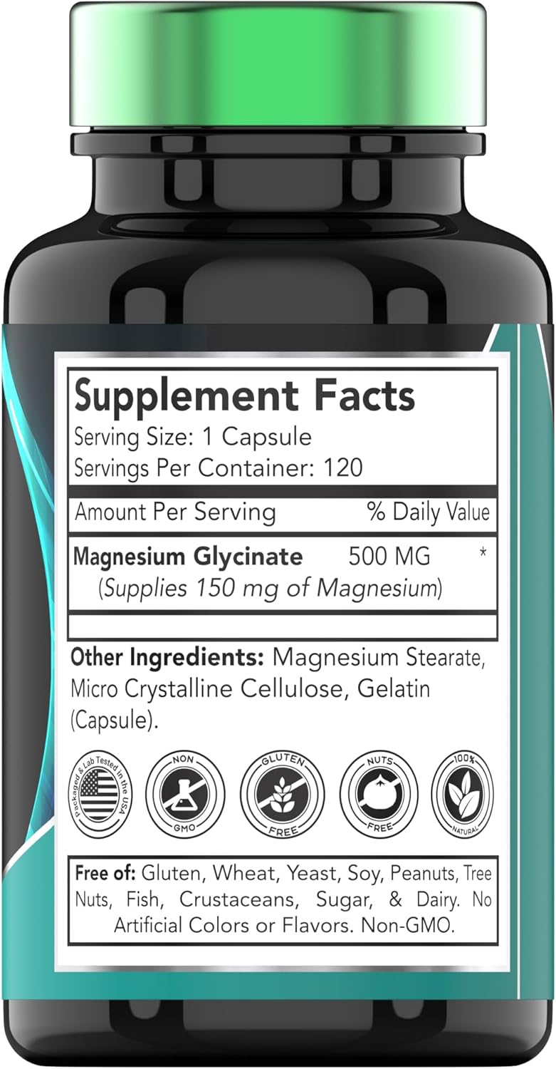 Magnesium Glycinate 500mg Per Capsule - 120 Count | 4 Month Supply! | Pure Chelated Magnesium Supplement for Sleep, Calm, Nerve, Joint, & Bone Support* | AKA Magnesium Bisgycinate | Non-GMO - Image 2