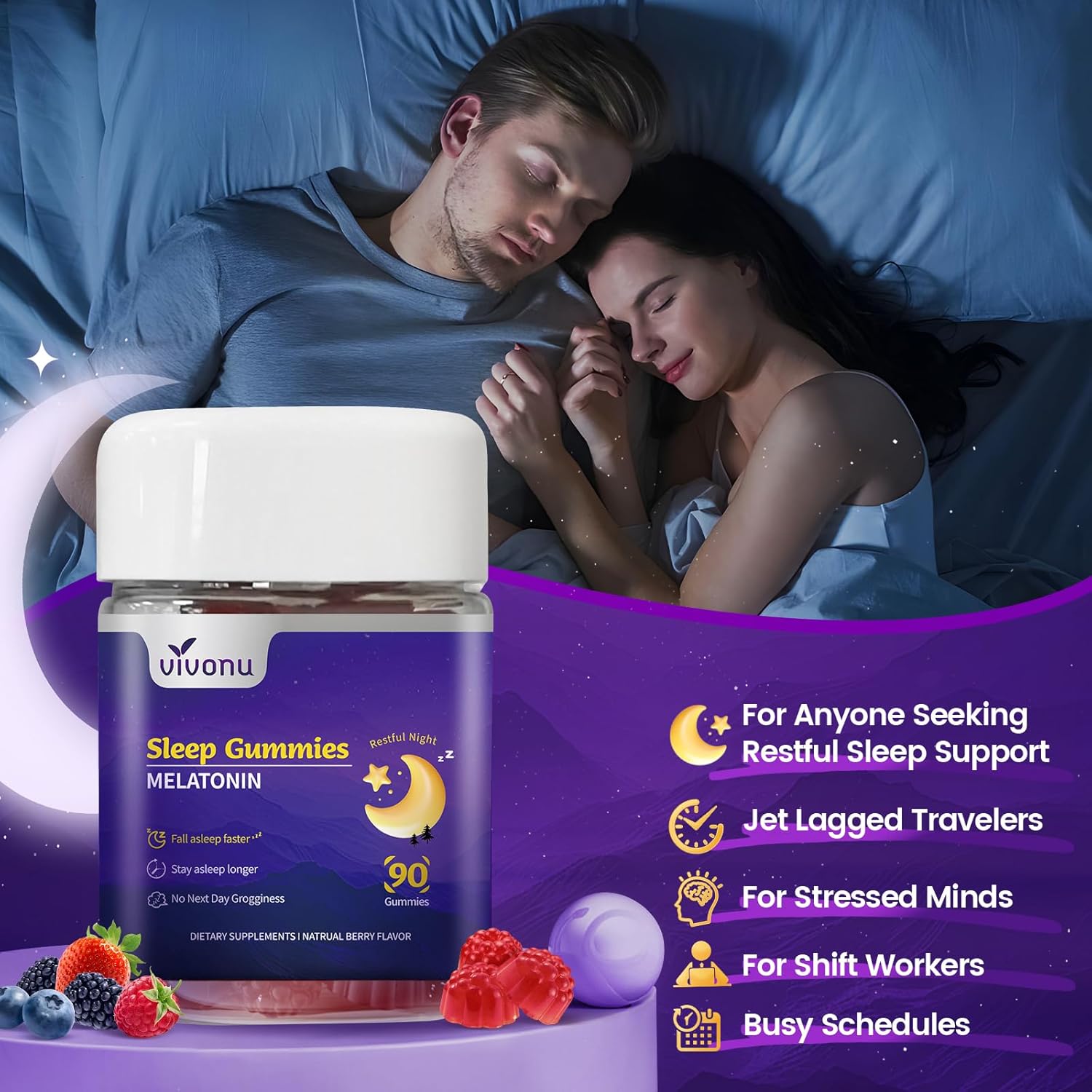 9-in-1 Melatonin Gummies 10mg, Natural Herbal Sleep Aids for Adults, Sleep Gummies with Magnesium Glycinate, Valerian Root, L-Theanine and Vitamin B6, etc, 45 days supply, Non GMO, Berry Flavored - Image 5