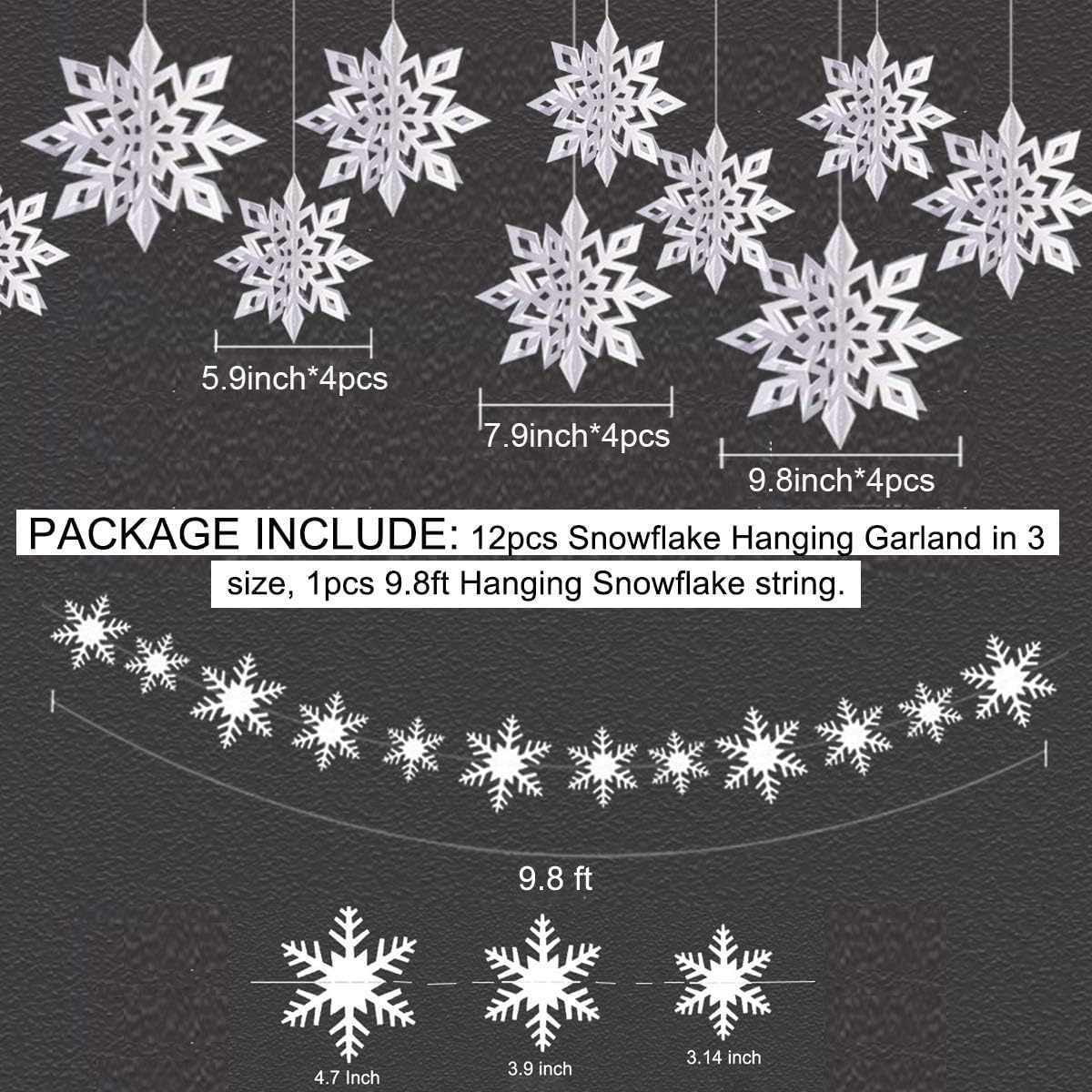 OuMuaMua Winter Christmas Hanging Snowflake Decorations, 12PCS Snowflakes Garland & 12PCS 3D Glittery Large White Snowflake for Christmas Winter Wonderland Holiday New Year Party Home Decorations - Image 3