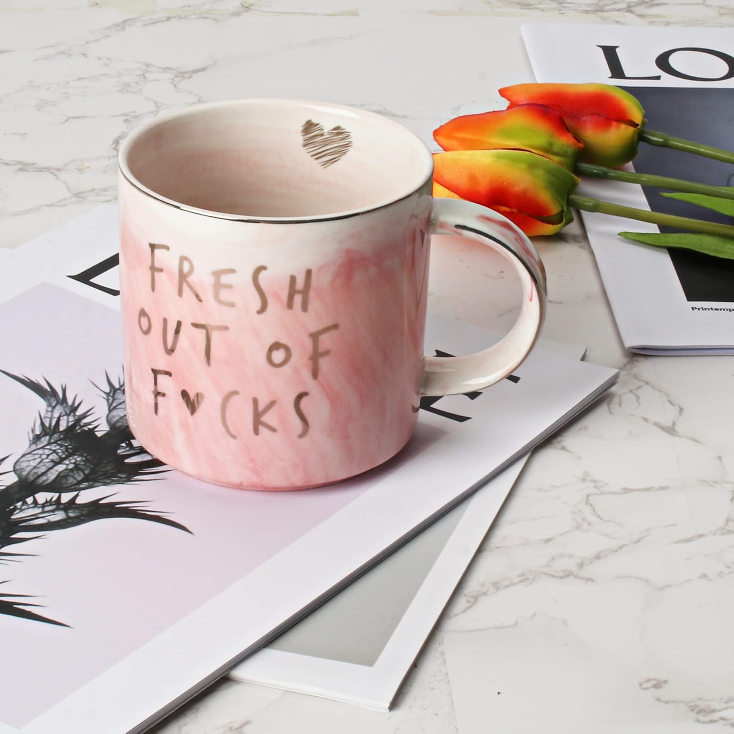 Funny Coffee Mugs Gifts for Women - Sarcastic Novelty Cups Gag Gift for Friends, Coworkers, Boss, Employee, Human Resources - Fresh Out Of - Inappropriate Cute Pink Marble Mug, 11.5oz Coffee Cup - Image 3