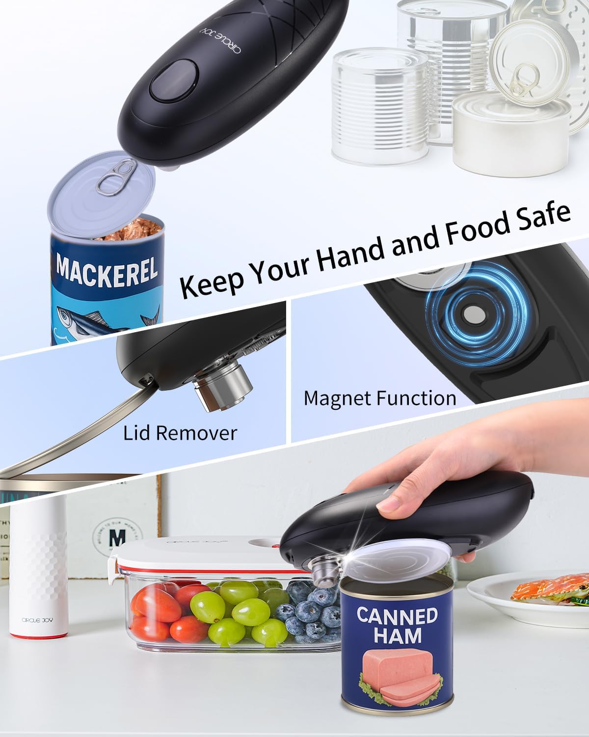 CIRCLE JOY Electric Can Opener, One-Touch Automatic Can Opening with Smooth Edges, Food Safety Handheld Battery-Operated Can Opener for Kitchen and Seniors, Black - Image 4