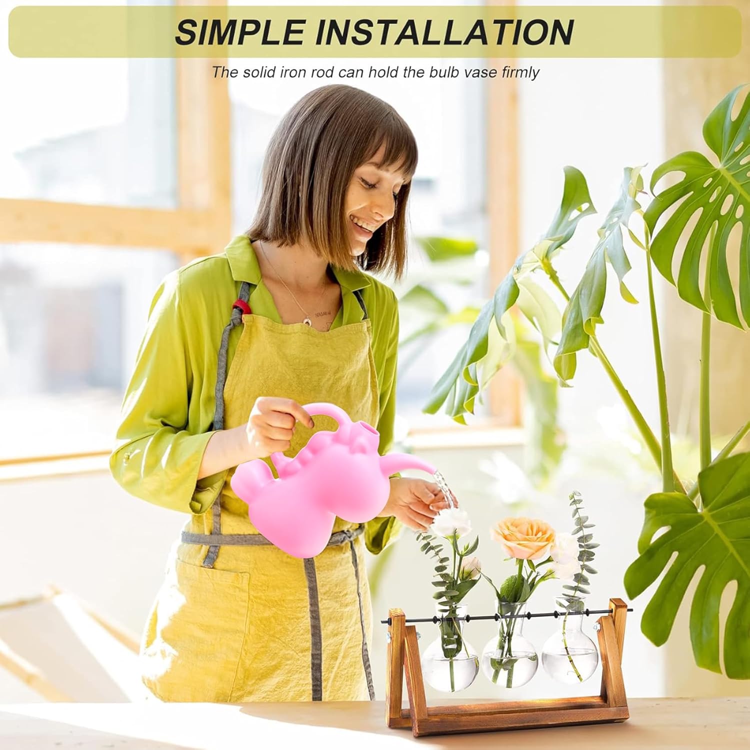 XXXFLOWER Plant Terrarium with Wooden Stand, Air Planter Bulb Glass Vase Metal Swivel Holder Retro Tabletop for Hydroponics Home Garden Office Decoration - 3 Bulb Vase - Image 4