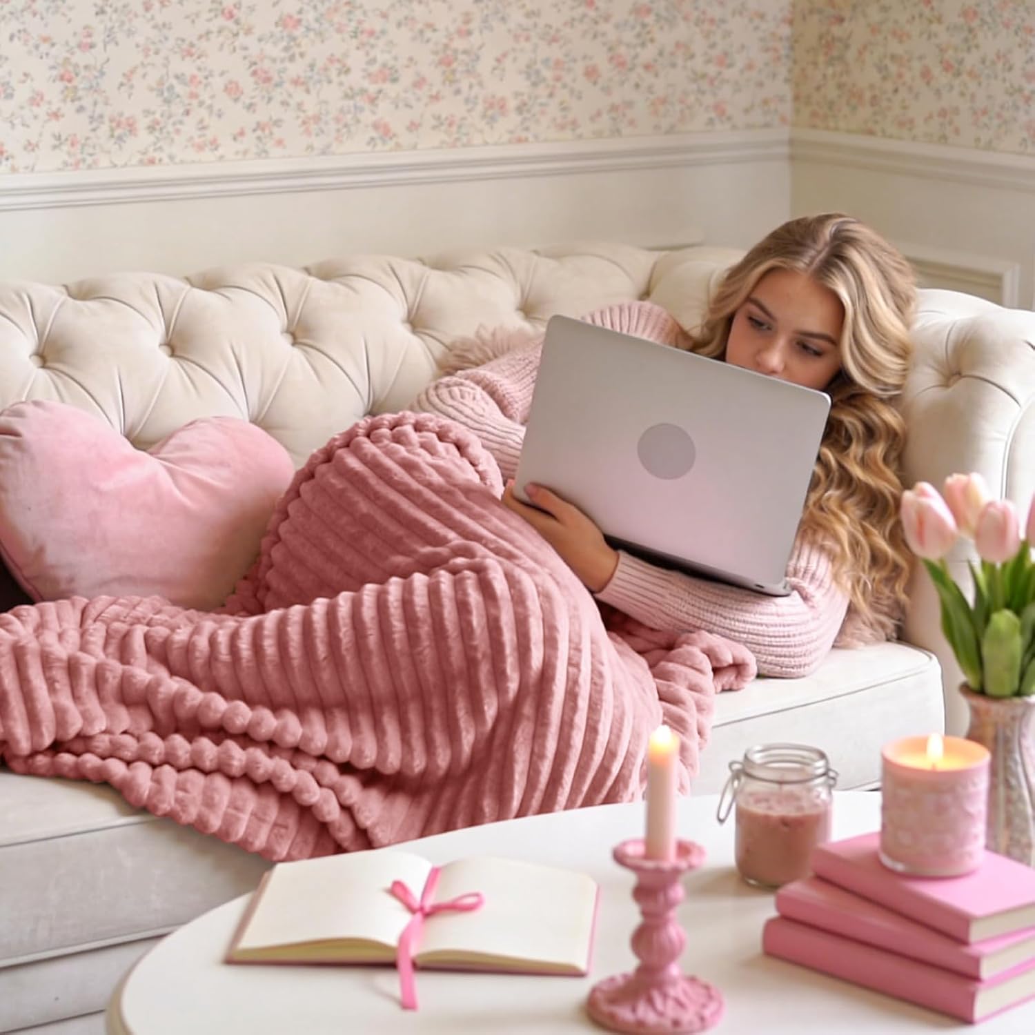 BEDELITE Fleece Throw Blanket for Couch – 3D Ribbed Jacquard Soft and Warm Decorative Fuzzy Blanket – Cozy, Fluffy, Plush Lightweight Pink Throw Blankets for Bed, Sofa, 50x60 inches - Image 2