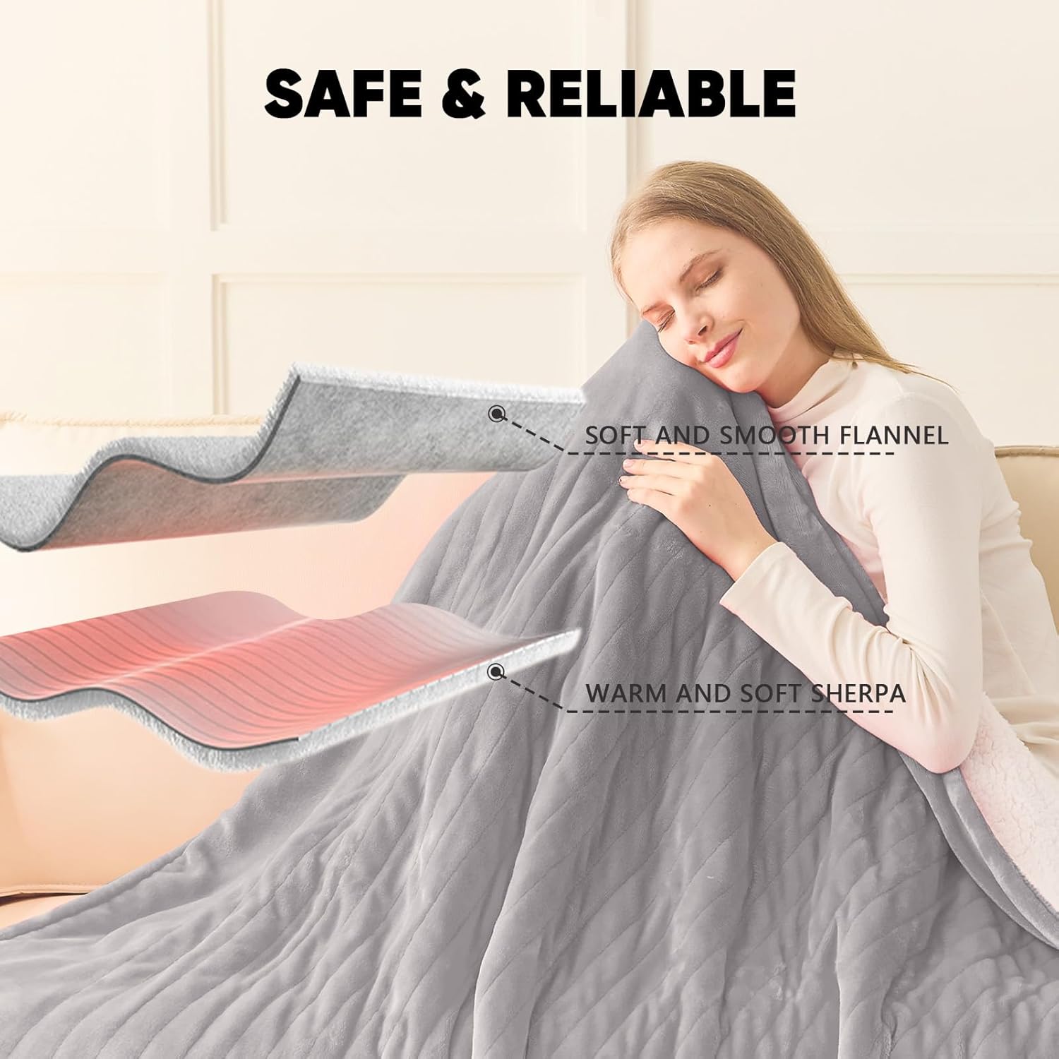greenoak Heated Blanket Electric Throw 50"X60", Heating Blanket with 10 Heat Levels 1/2/4/6/8 Hours Auto-Off,Fleece Soft Sherpa Blanket,Gifts for Grandma Mom Seniors, Misty Grey - Image 6