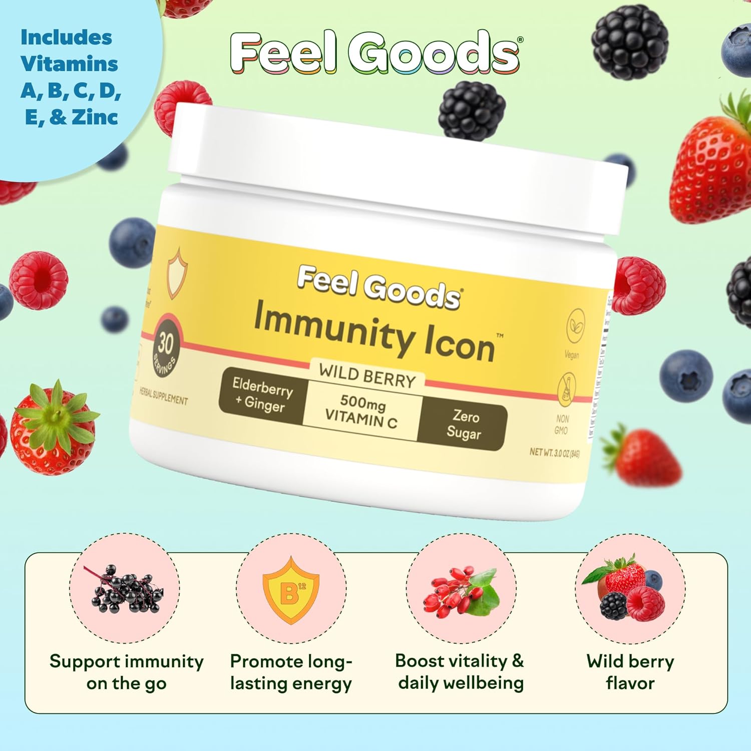 Feel Goods Immunity Icon, Vitamin C Immune Support Powder Drink Mix- 500mg Vitamin C, Elderberry, Ginger, Turmeric & Key Vitamins for Daily Immune Health - Sugar-Free & Caffeine-Free Drink Mix Packets - Image 2