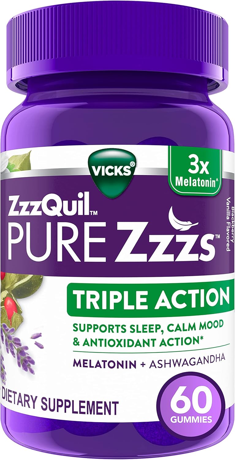 ZzzQuil PURE Zzzs Triple Action, Melatonin Gummies, Melatonin 6mg, 3X Melatonin, Sleep Aid with Ashwagandha, Calm Mood, Antioxidant Action, Sleep Aids for Adults, 60 Sleep Gummies - Image 7