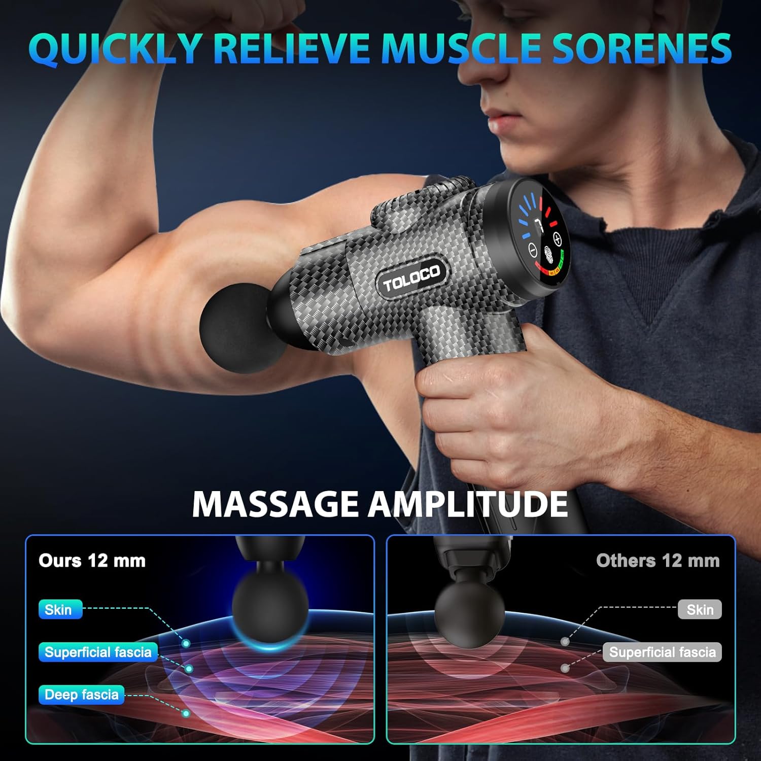 TOLOCO Massage Gun, Deep Tissue Back Massage for Athletes for Pain Relief, Percussion Massager with 10 Massages Heads & Silent Brushless Motor, Valentines Day Gifts for Him Her, Carbon - Image 5