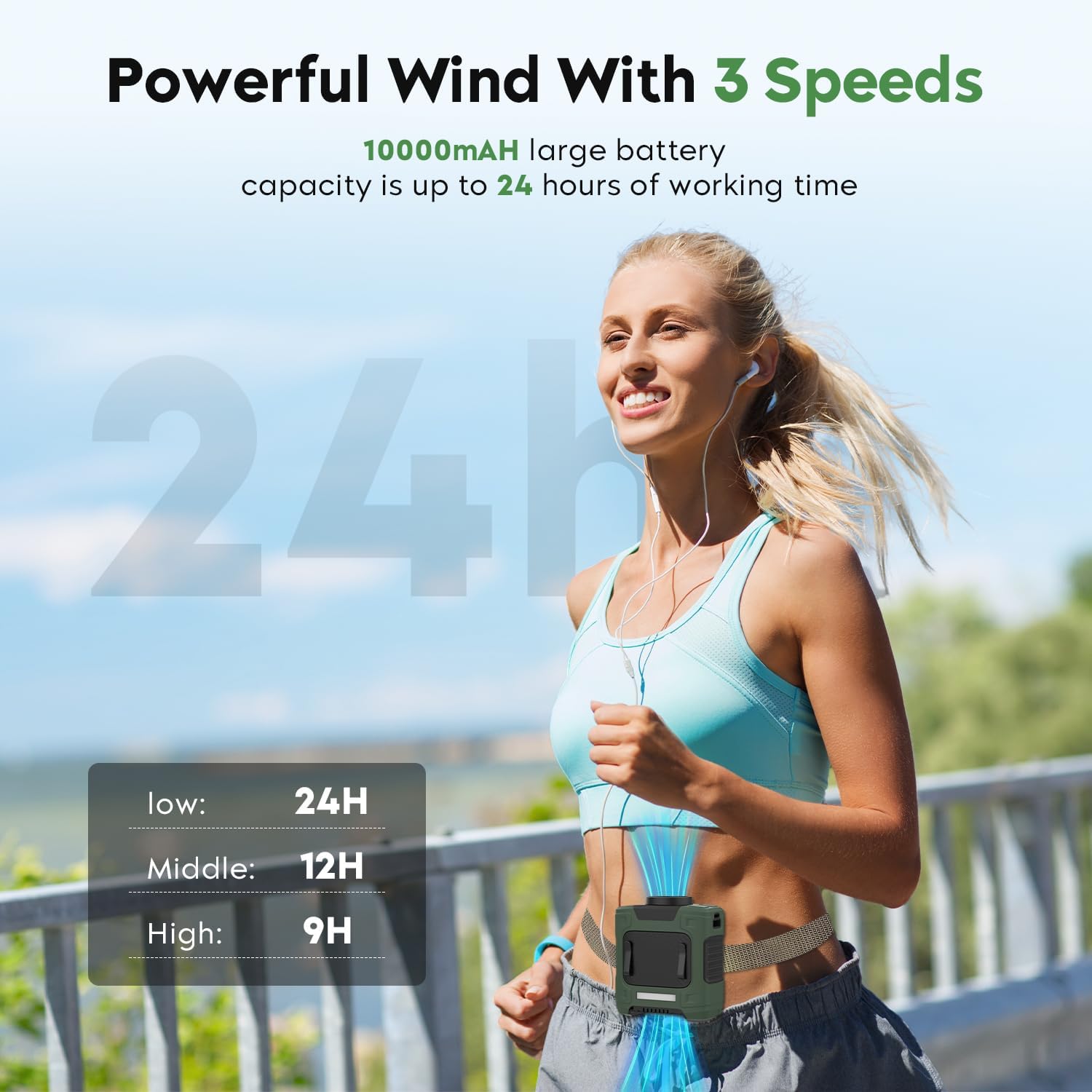 Portable Waist Fan 10000mAh Rechargeable Waist Clip Fan 18000RPM With Max 12H Working Time 3-speed adjustment with LED flashlight Portable Fan for Outdoor Jobsite and etc - Image 2