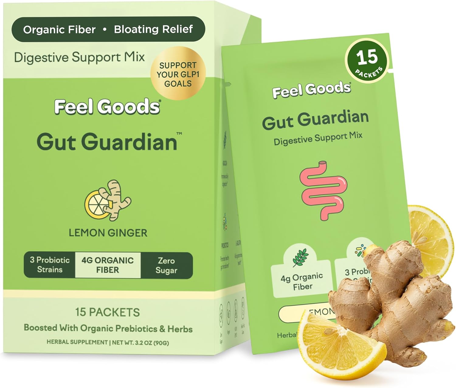 Feel Goods Gut Guardian, Gut Health Powder Packets - Probiotic Fiber Powder with Prebiotics & L Glutamine for Digestive Health, Bloating Relief & Digestion Support - Zero Sugar & Organic Flavor