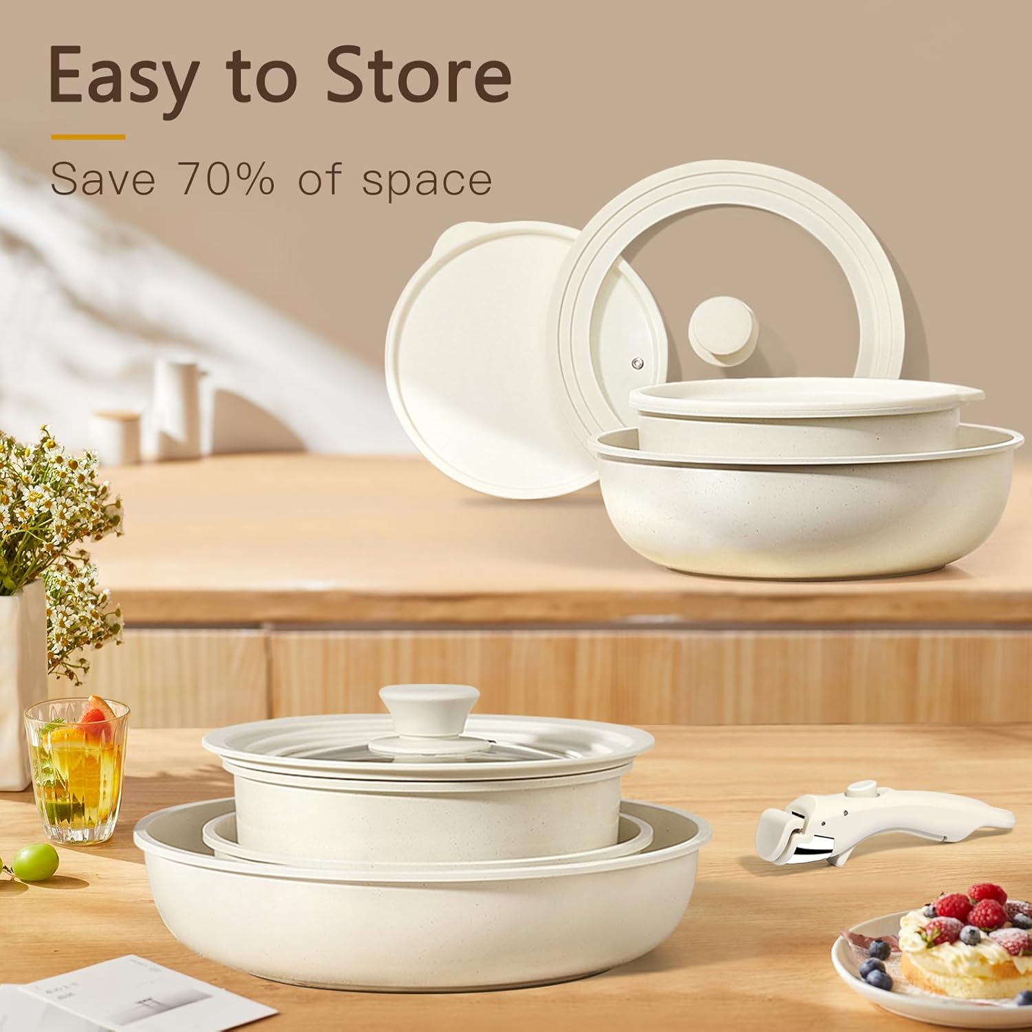 GiPP Ceramic Pots and Pans Set Non Stick, Nonstick Detachable Handle Cookware Sets, Healthy Non Toxic PFAS PFOA & PTFE Free, Dishwasher &Oven Safe, Induction Kitchen Pot and Pan, 21 Piece Cream - Image 7
