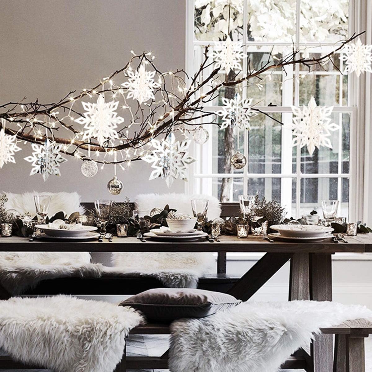 OuMuaMua Winter Christmas Hanging Snowflake Decorations, 12PCS Snowflakes Garland & 12PCS 3D Glittery Large White Snowflake for Christmas Winter Wonderland Holiday New Year Party Home Decorations - Image 6