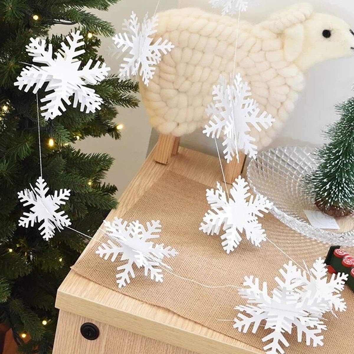 OuMuaMua Winter Christmas Hanging Snowflake Decorations, 12PCS Snowflakes Garland & 12PCS 3D Glittery Large White Snowflake for Christmas Winter Wonderland Holiday New Year Party Home Decorations - Image 2