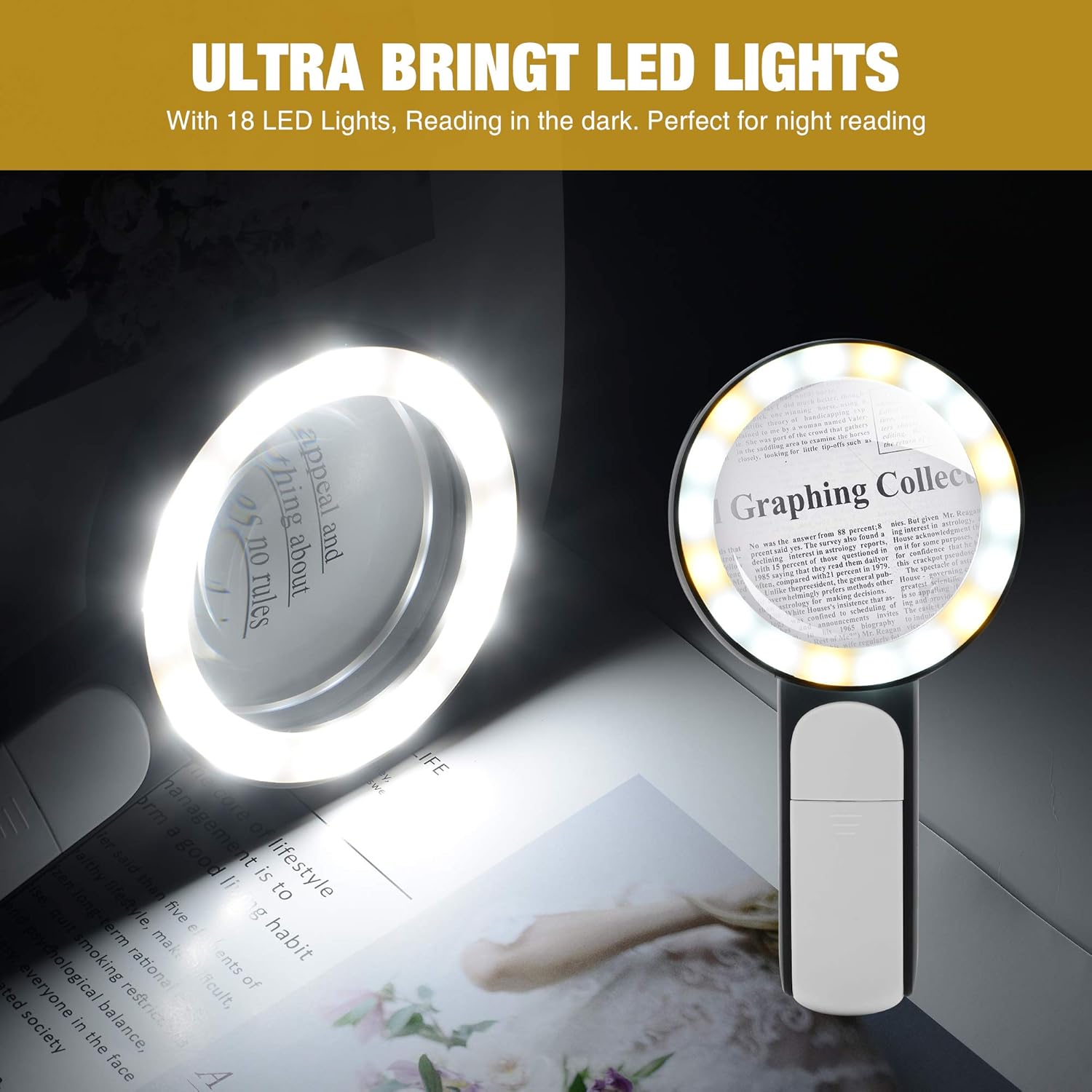 JMH Magnifying Glass with Light, Handheld Large Magnifying Glass 18LED Cold and Warm Light with 3 Modes, Illuminated Lighted Magnifier for Seniors Reading, Coins, Jewelry - Image 7