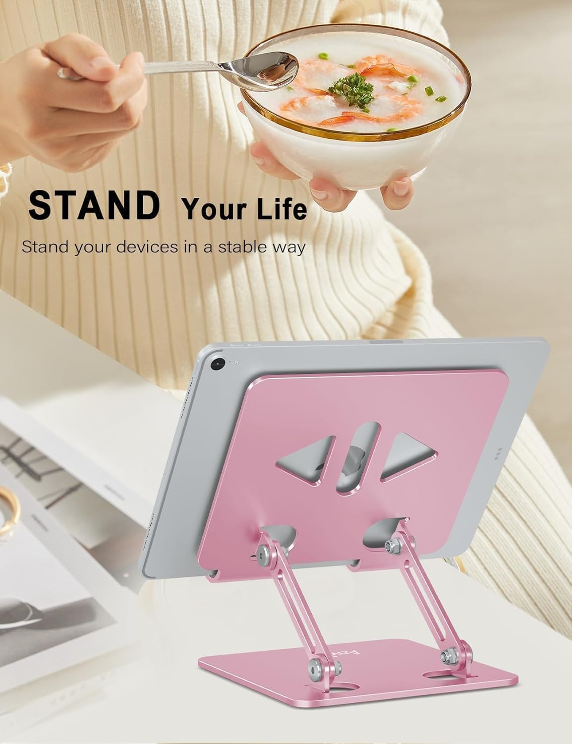 Tablet Stand Holder for Desk, Adjustable Desktop Tablet Holder, Foldable Aluminum Tablet Mount for iPad pro 12.9, iPad Air Mini, Samsung Galaxy Tabs Z Fold Kindle Fire,4-12 inch, Rose Gold - Image 2