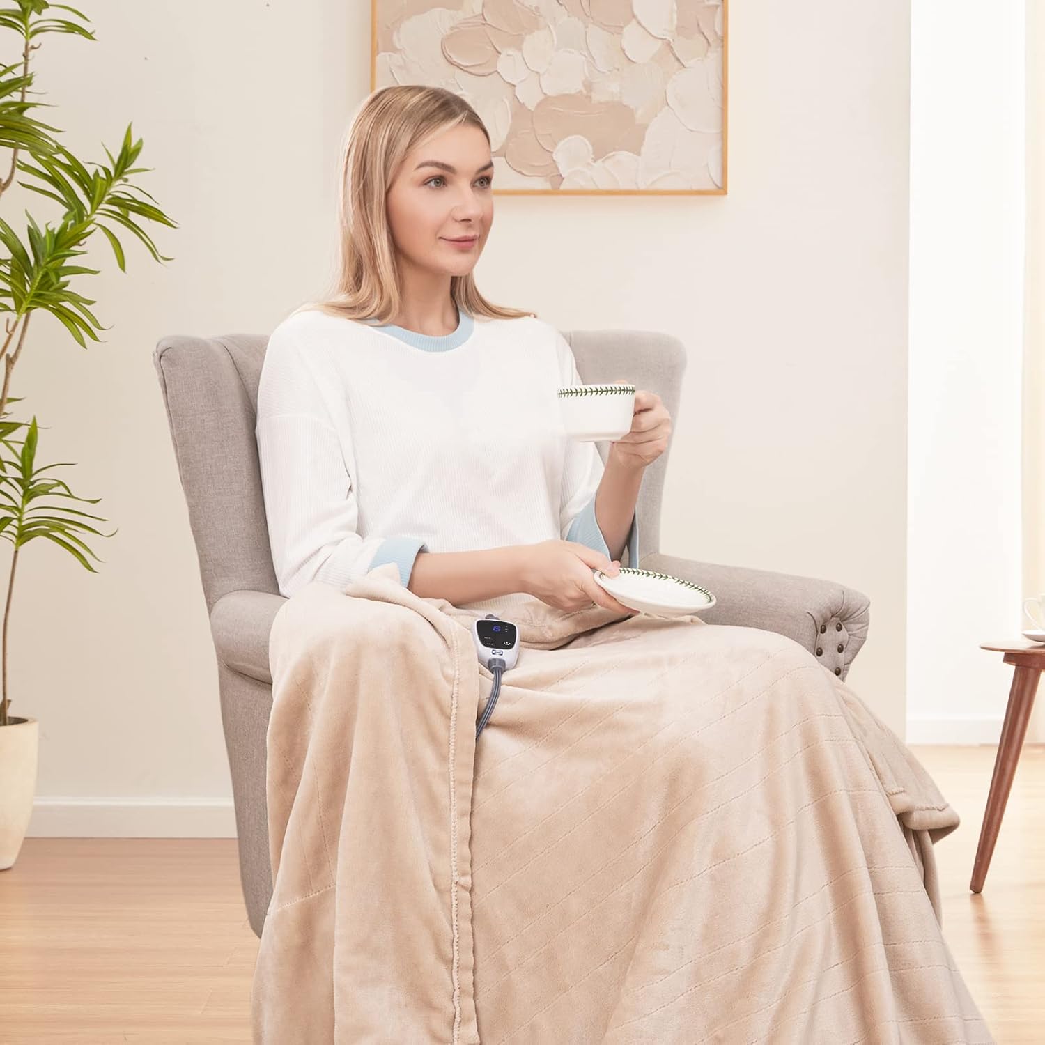 Sealy Electric Blanket Heated Throw, Soft Flannel Heated Blanket with 6 Heating Settings & 2-10 Hours Auto Shut Off, Fast Heating & Machine Washable, 50x60 Inch, Beige - Image 8