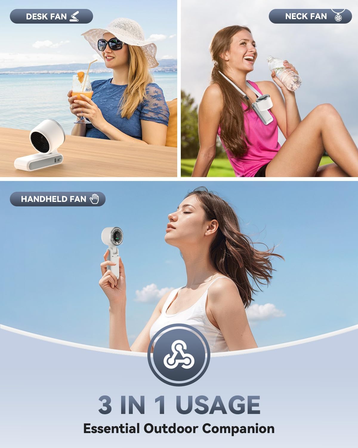Portable Handheld Turbo Fan, 5 Gear Wind, Battery Operated, Up to 12 Working Hours, 3 IN 1 Hand Fans with Air Turbo Tech Cooling Fan for Outdoor Activities, Travel, Beach (White) - Image 3