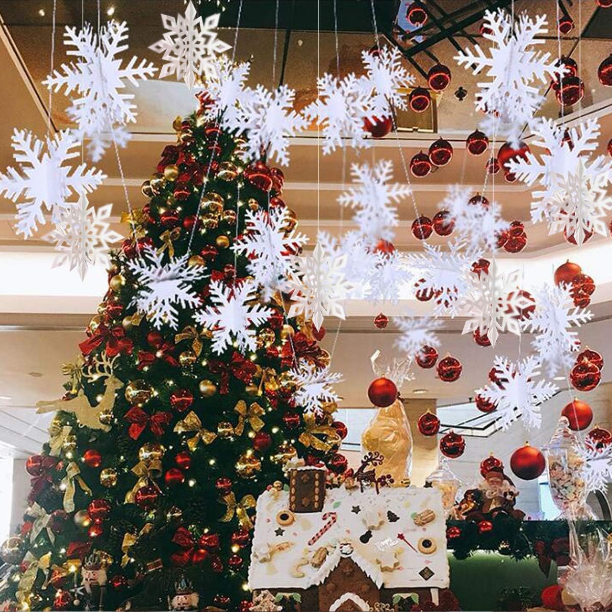 OuMuaMua Winter Christmas Hanging Snowflake Decorations, 12PCS Snowflakes Garland & 12PCS 3D Glittery Large White Snowflake for Christmas Winter Wonderland Holiday New Year Party Home Decorations - Image 5