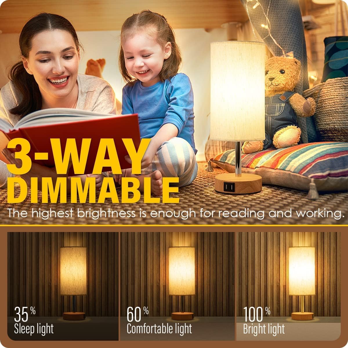 Yarra-Decor Bedside Table Lamp with USB Port - Touch Control for Bedroom 3 Way Dimmable Nightstand Lamp with Flaxen Fabric Shade for Living Room, Dorm, Home Office, Wood-Grain (LED Bulb Included) - Image 2