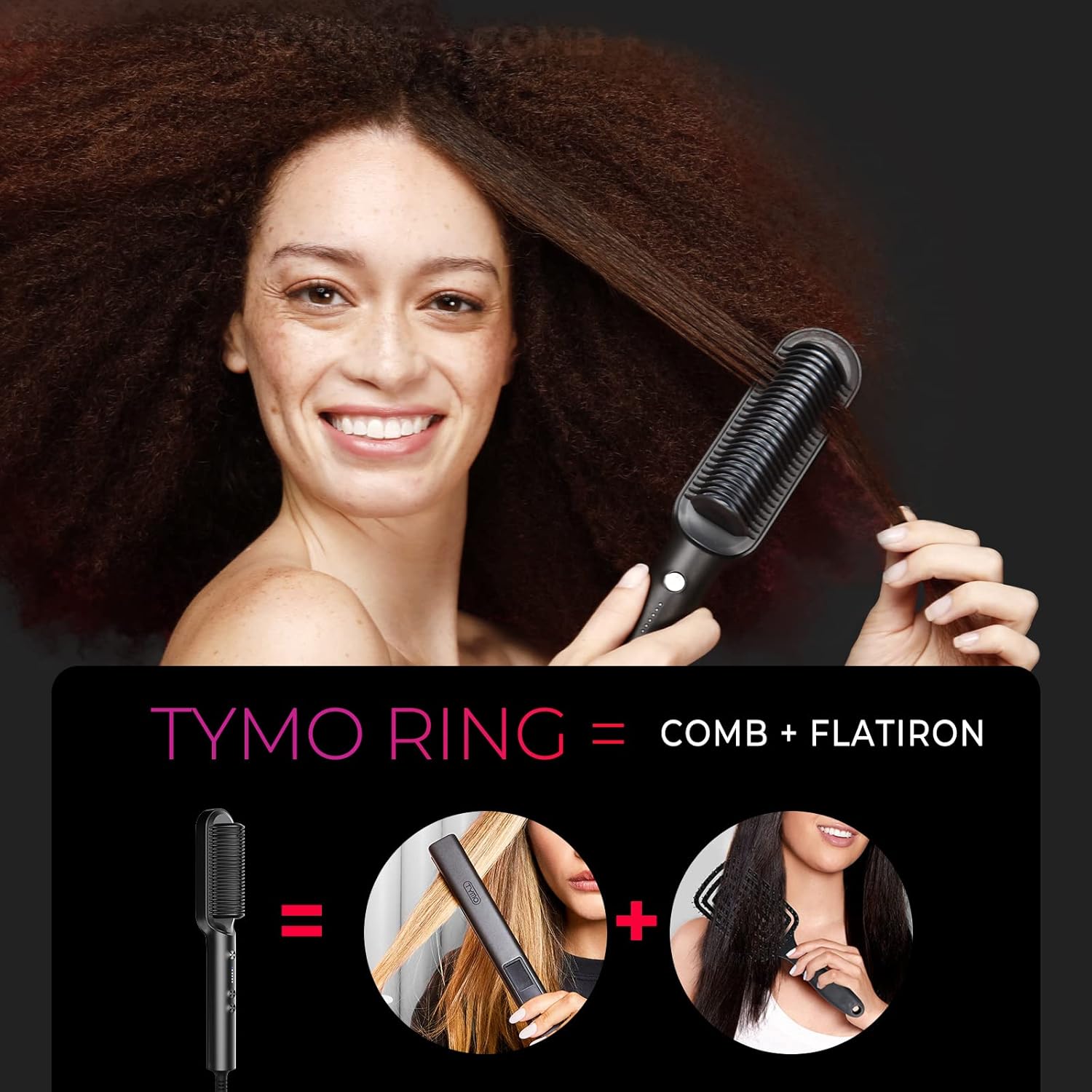Hair Straightener Brush, TYMO Ring Hair Straightener Comb Straightening Brush for Women with 5 Temps 20s Fast Heating & Dual Voltage, Black - Image 2