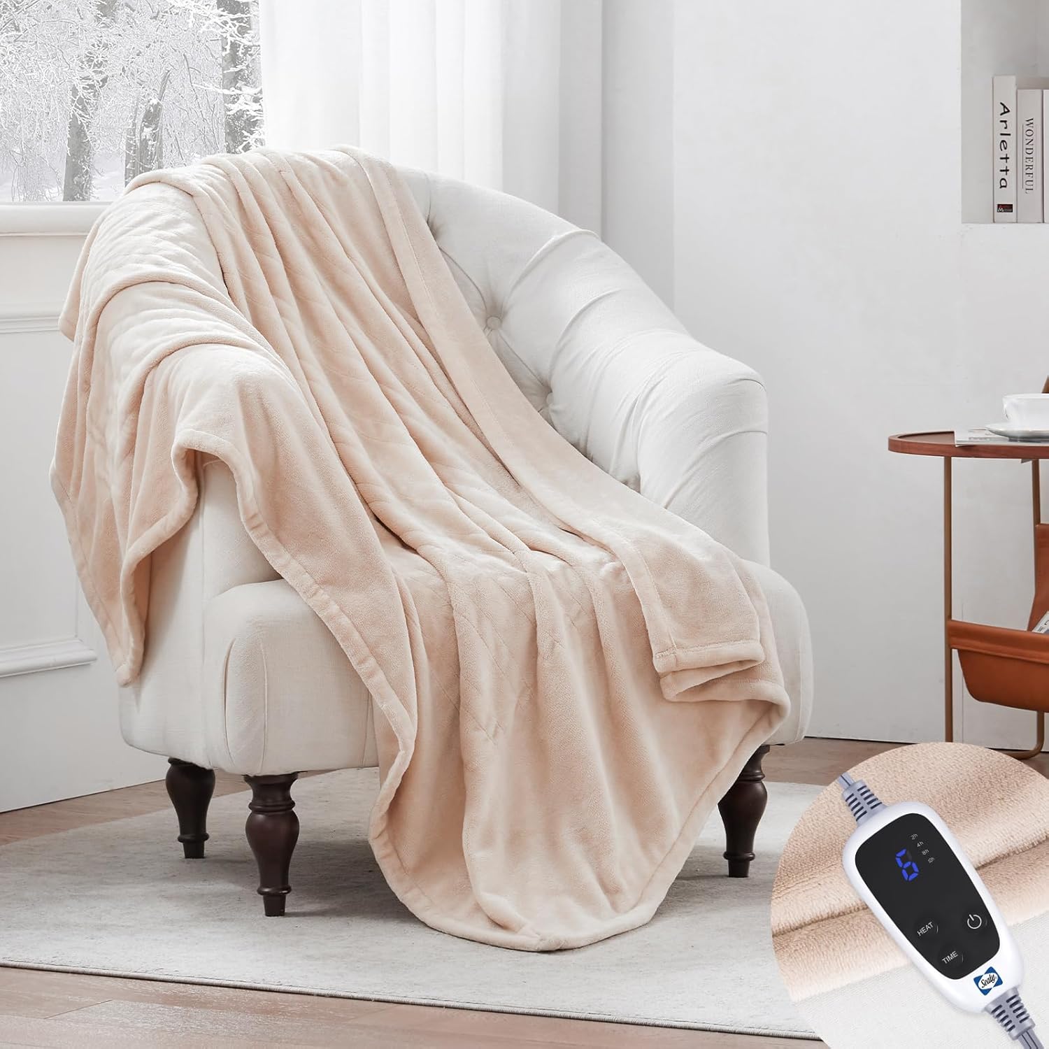 Sealy Electric Blanket Heated Throw, Soft Flannel Heated Blanket with 6 Heating Settings & 2-10 Hours Auto Shut Off, Fast Heating & Machine Washable, 50x60 Inch, Beige - Image 6