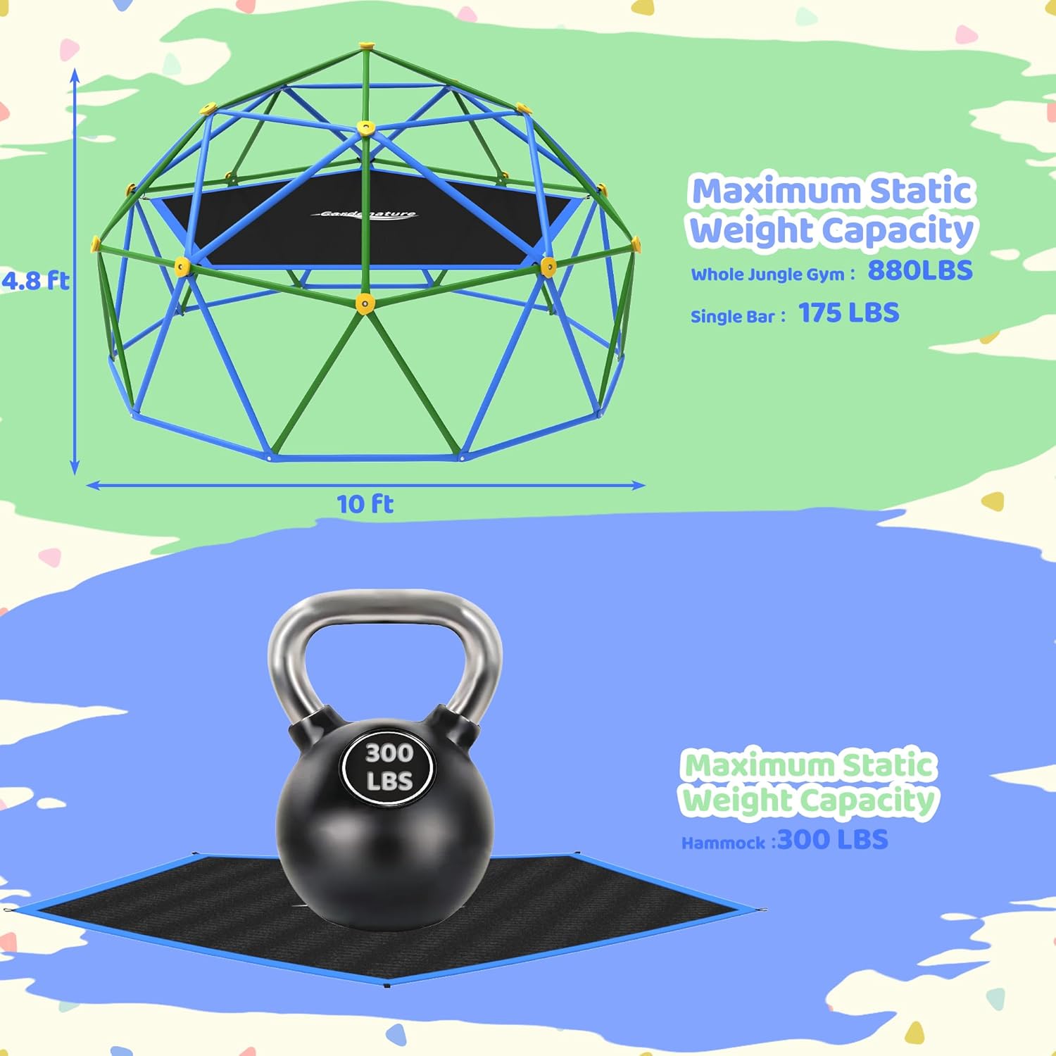 Gardenature 10FT Climbing Dome with Hammock, Outdoor Jungle Gym for Kids, Geometric Dome Climber Supporting 880 Lbs Anti-Rust Metal Outdoor Play Structure ASTM Approved Blue & Green - Image 2