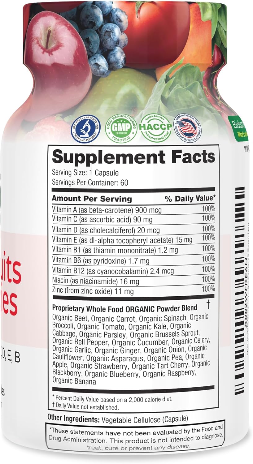 FeelGood Superfoods Vita Fruits and Veggies Capsules - 25 Superfood Ingredients, Fruit and Vegetable Multivitamin, 60 Count - for Men and Women - Vitamins A, C, D, E, B and Zinc - Image 2