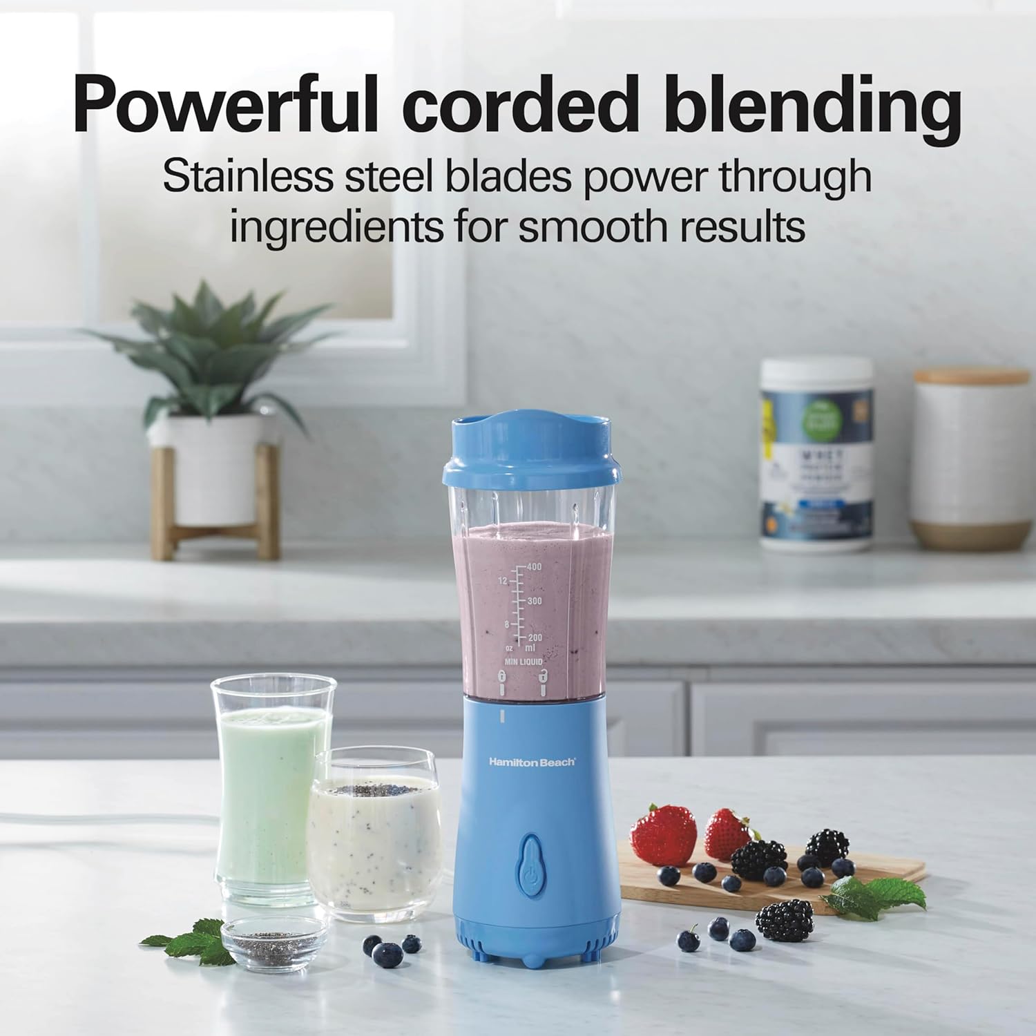 Hamilton Beach Portable Blender for Shakes and Smoothies, 14 Oz BPA Free Travel Cup & Lid, Durable Stainless Steel Blades, Personal Smoothie Blender, Tranquil Blue (51172) - Image 3