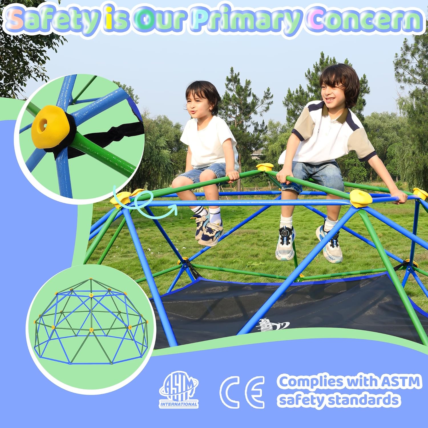 Gardenature 10FT Climbing Dome with Hammock, Outdoor Jungle Gym for Kids, Geometric Dome Climber Supporting 880 Lbs Anti-Rust Metal Outdoor Play Structure ASTM Approved Blue & Green - Image 5