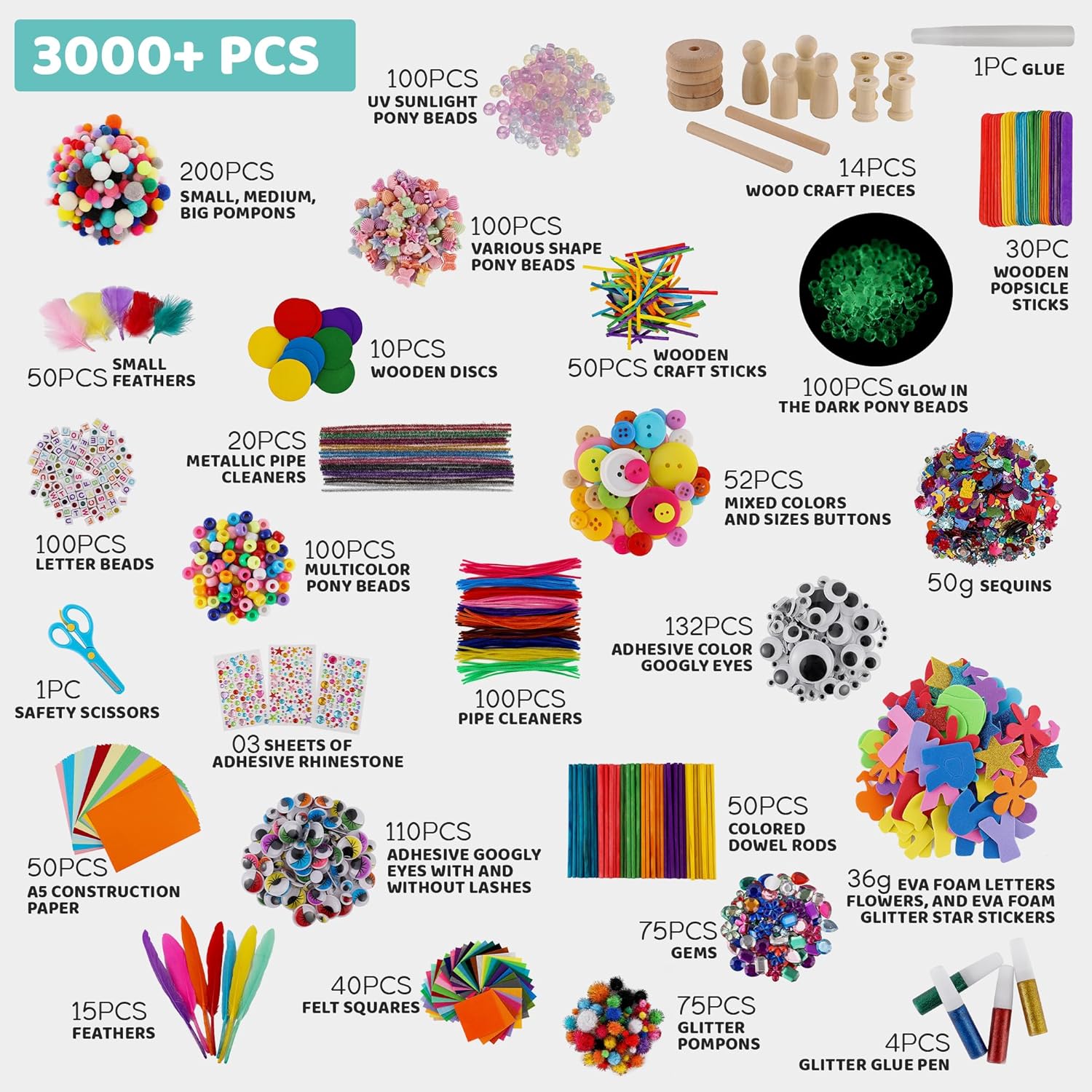 A&R CO. 3000+ Pcs Arts and Crafts Supplies & Materials for Kids - Ultimate Bulk Craft Kit for Boys & Girls with 99 Activities Book for Ages 3-5, 4-6, 6-8, 8-12 - Image 6