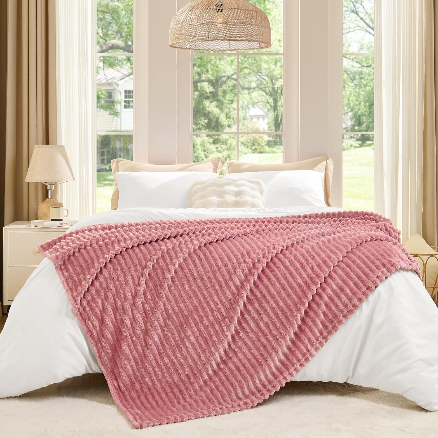 BEDELITE Fleece Throw Blanket for Couch – 3D Ribbed Jacquard Soft and Warm Decorative Fuzzy Blanket – Cozy, Fluffy, Plush Lightweight Pink Throw Blankets for Bed, Sofa, 50x60 inches - Image 6