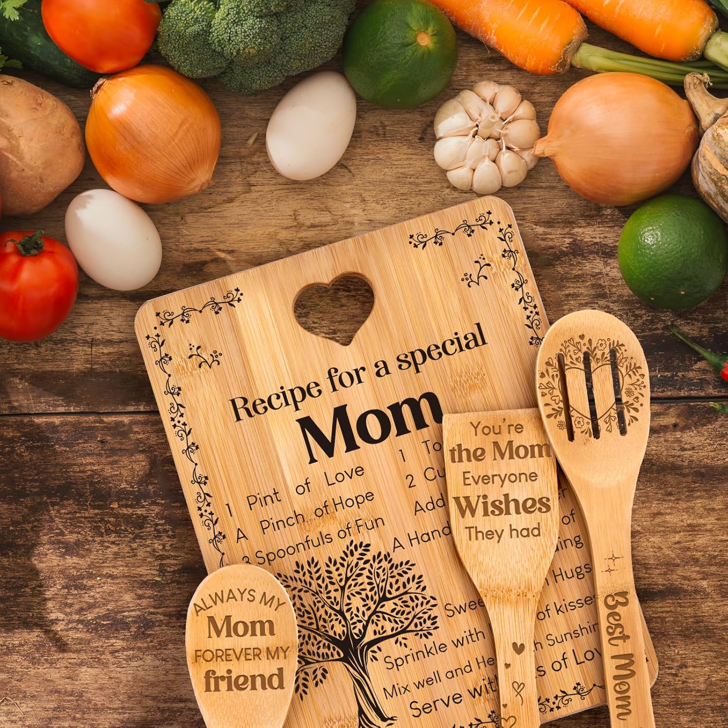 Gifts for Mom - "Recipe for a Special Mom" Mom Birthday Gifts Cutting Board Set, Bamboo-Made Engraved Utensil Set, Birthday Gifts for Mom from Daughter/Son - Image 7