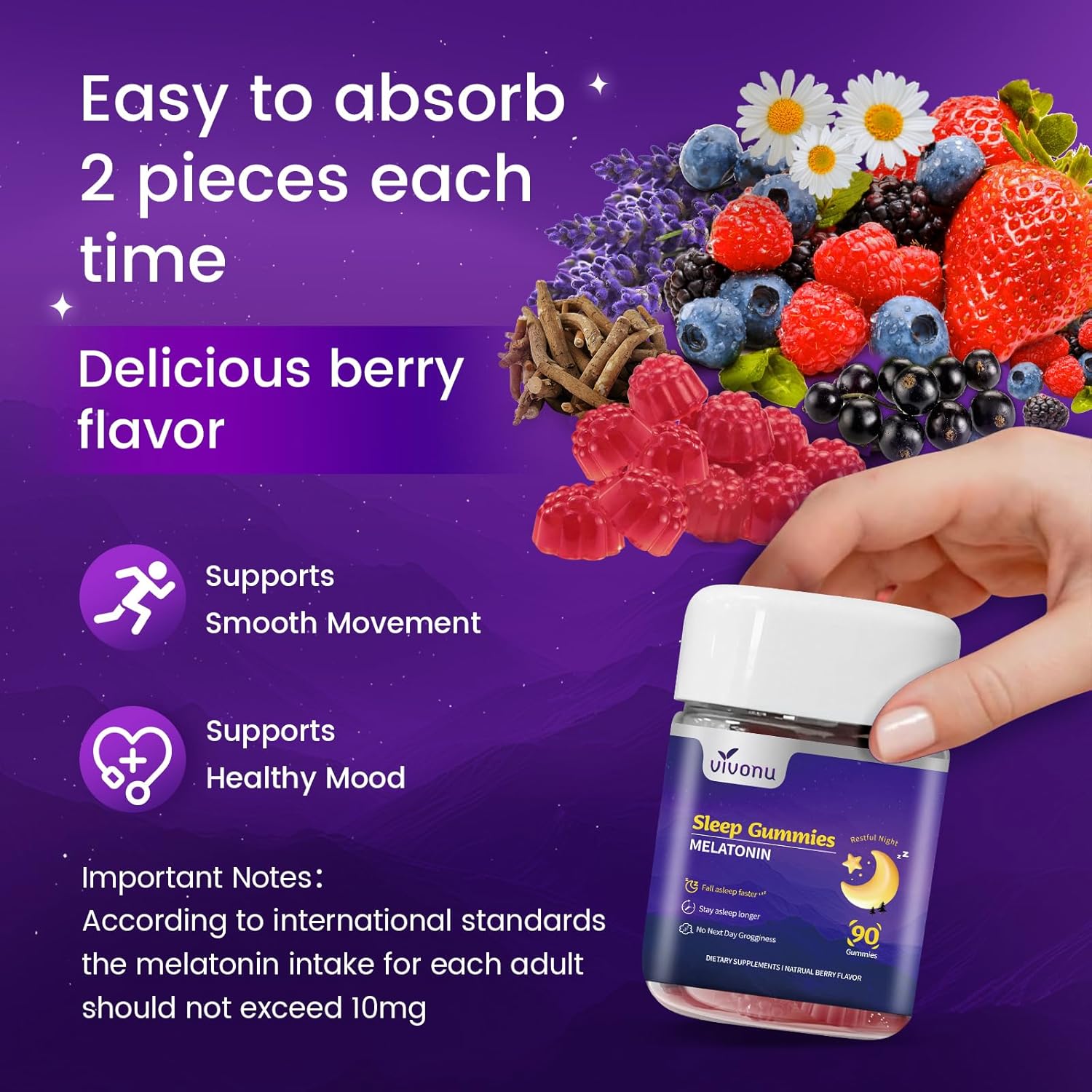 9-in-1 Melatonin Gummies 10mg, Natural Herbal Sleep Aids for Adults, Sleep Gummies with Magnesium Glycinate, Valerian Root, L-Theanine and Vitamin B6, etc, 45 days supply, Non GMO, Berry Flavored - Image 6