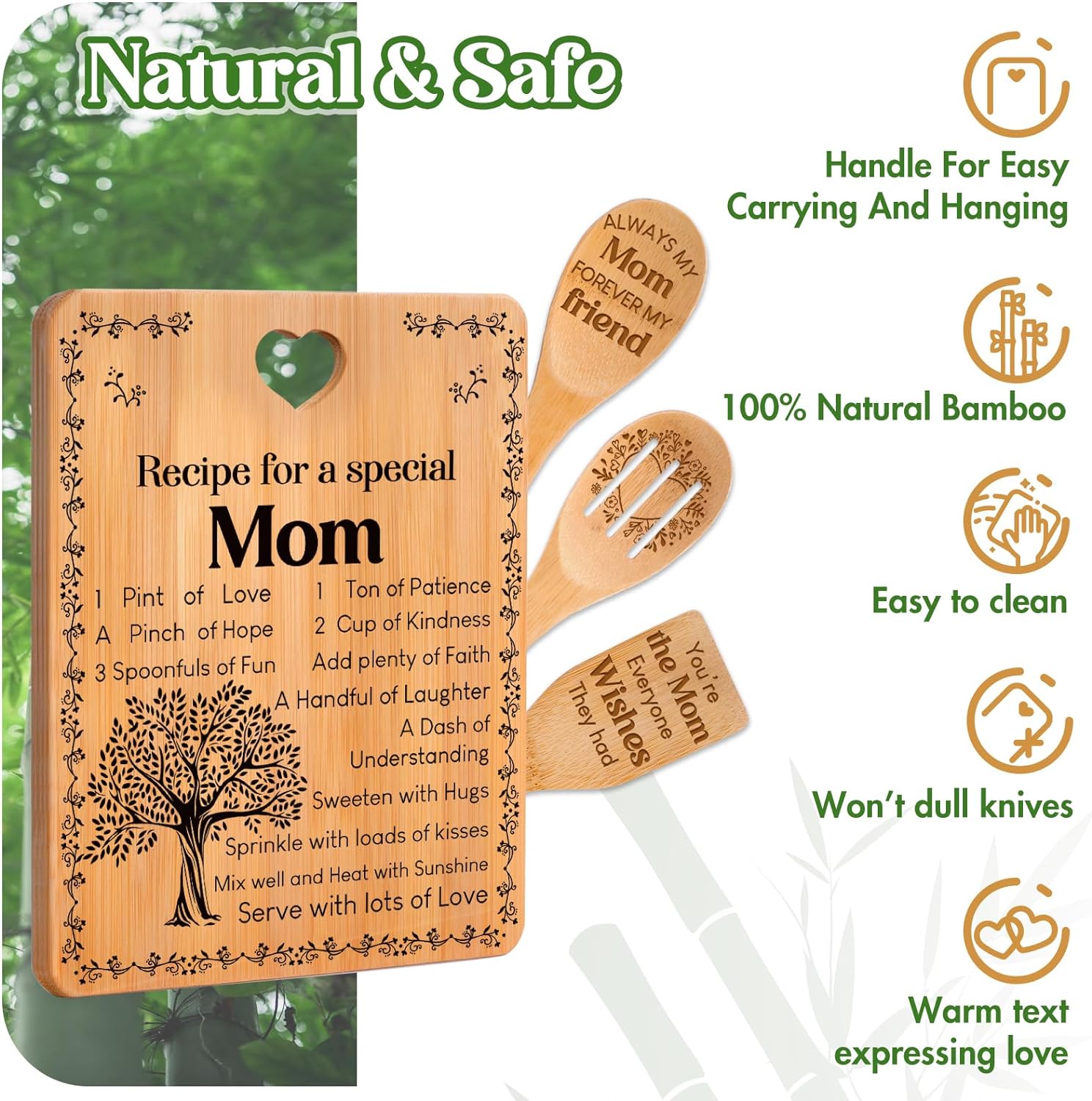 Gifts for Mom - "Recipe for a Special Mom" Mom Birthday Gifts Cutting Board Set, Bamboo-Made Engraved Utensil Set, Birthday Gifts for Mom from Daughter/Son - Image 5