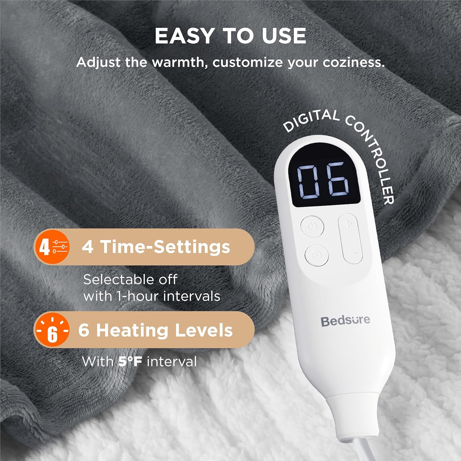 Bedsure Heated Blanket Throw Blanket - Fast Heating Electric Blanket, Soft Flannel Heated Throw with 4 Time Settings, 6 Heating Settings, Warm Gifts for Grandma & Grandpa & Seniors (50"x60", Grey) - Image 5