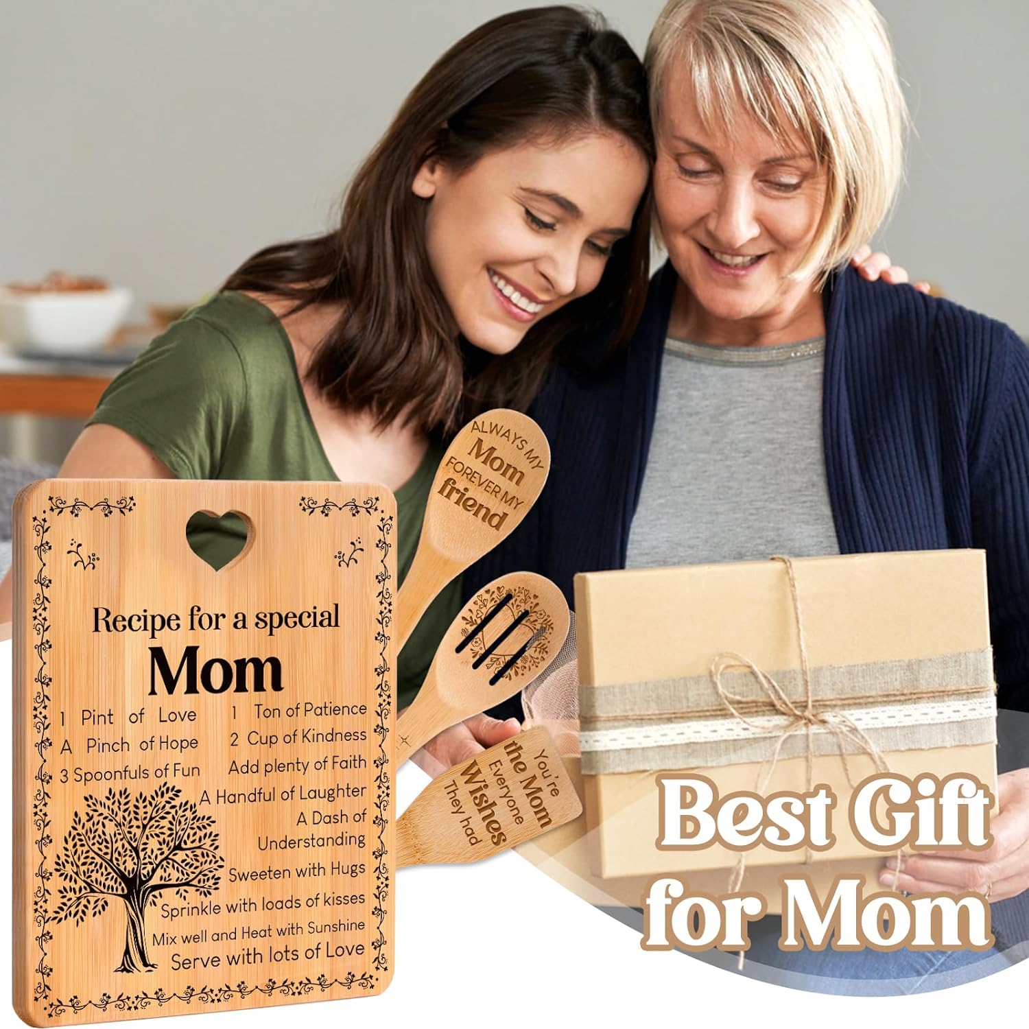 Gifts for Mom - "Recipe for a Special Mom" Mom Birthday Gifts Cutting Board Set, Bamboo-Made Engraved Utensil Set, Birthday Gifts for Mom from Daughter/Son - Image 3