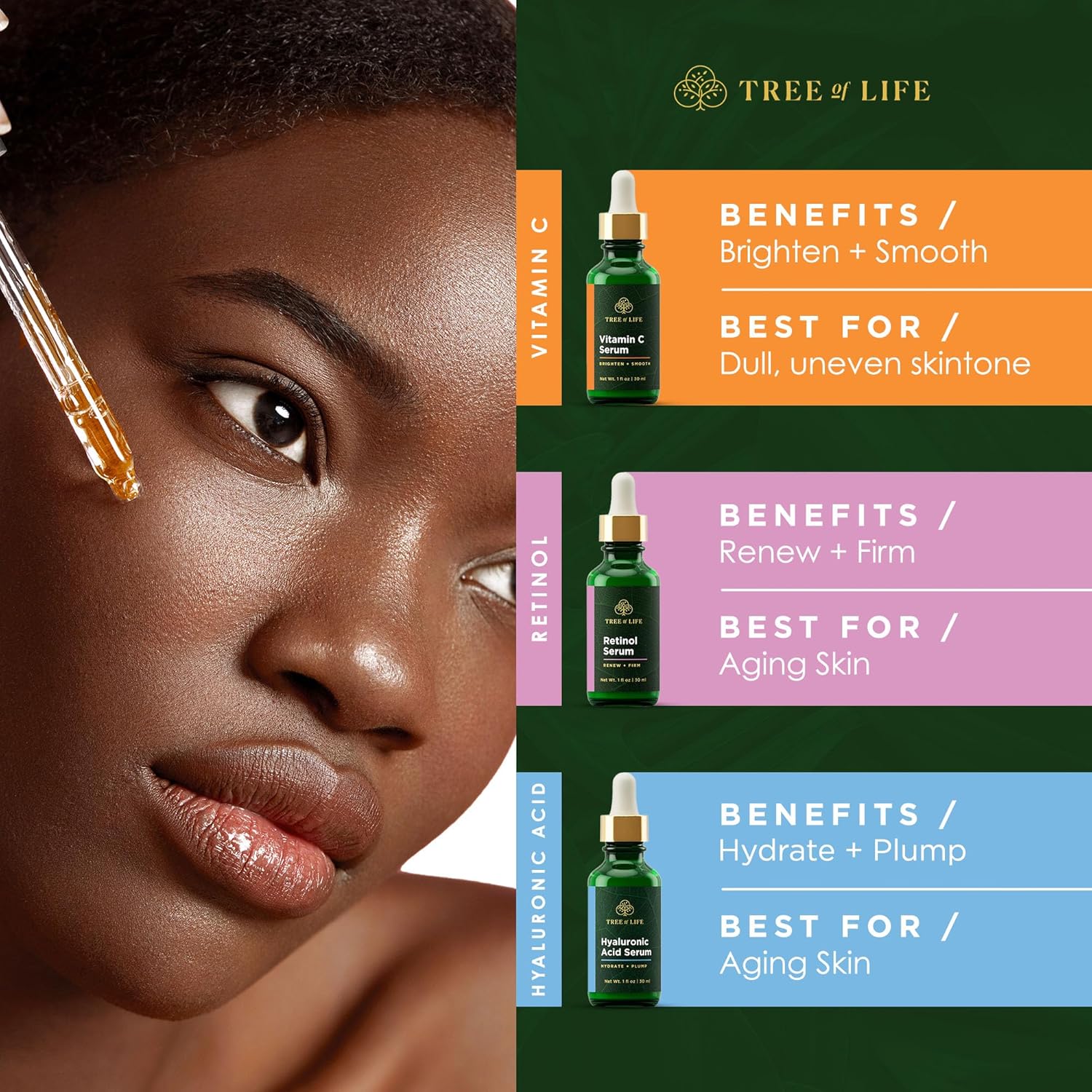 Tree of Life Beauty Facial Skin Care Set, Brightening, Firming & Hydrating Face Serums - Vitamin C, Retinol & Hyaluronic Acid for Smooth Radiant Skin, Dermatologist Tested, 1 Fl Oz (Pack of 3) - Image 4