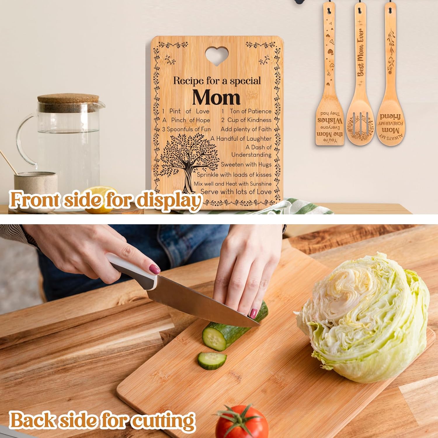 Gifts for Mom - "Recipe for a Special Mom" Mom Birthday Gifts Cutting Board Set, Bamboo-Made Engraved Utensil Set, Birthday Gifts for Mom from Daughter/Son - Image 4